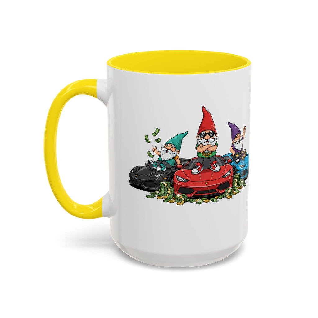 Gnome Car Crew Accent Coffee Mug — Racing Gnomes with Sports Cars (11/15oz)
