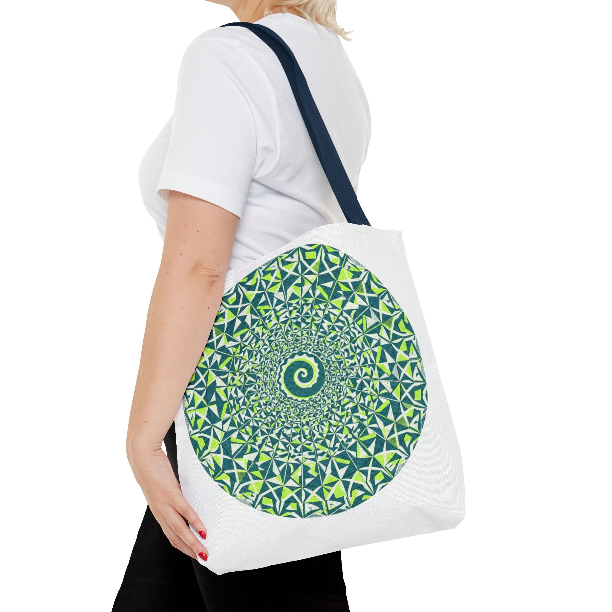 Spiral Mandala Tote Bag — Green Geometric All-Over Print Tote