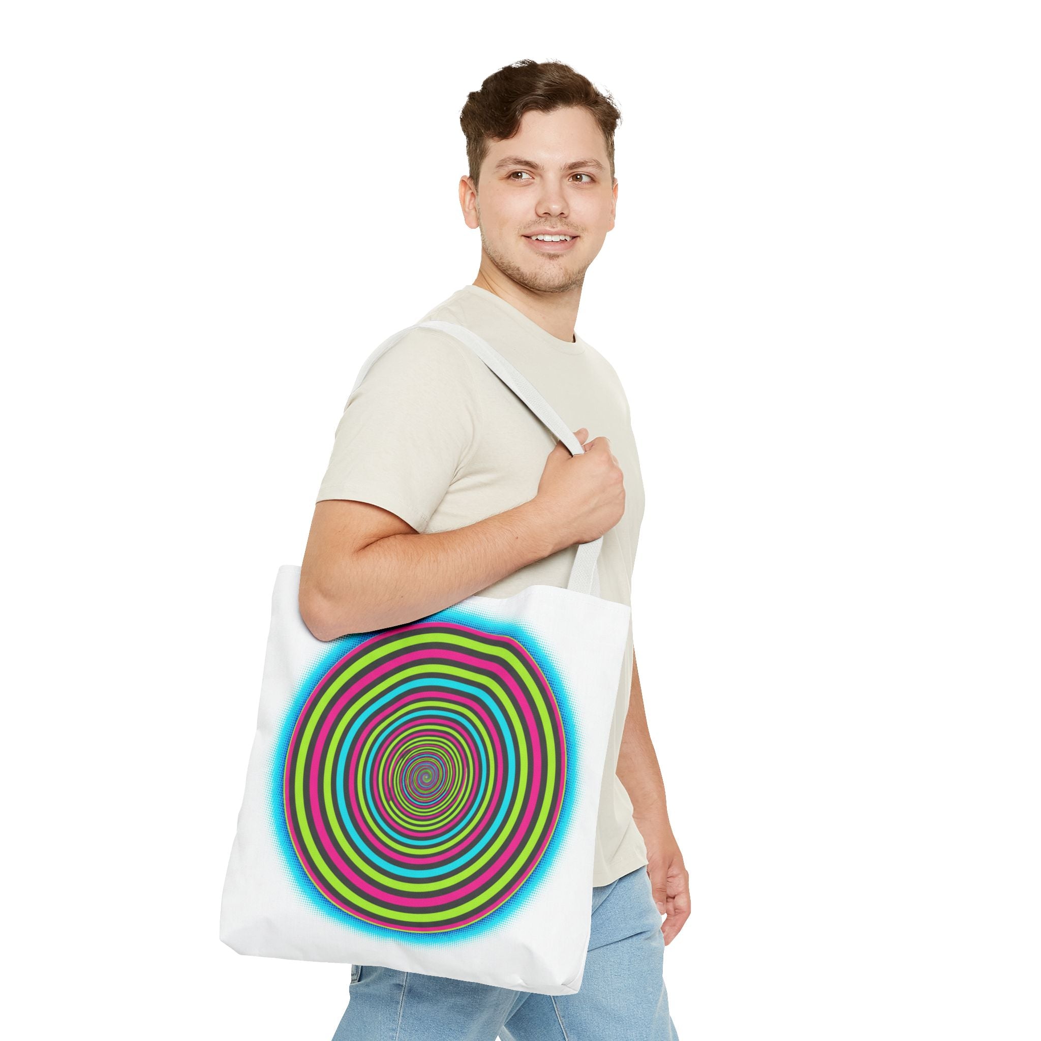 Psychedelic Spiral Tote Bag — Colorful Vortex All-Over Print Tote
