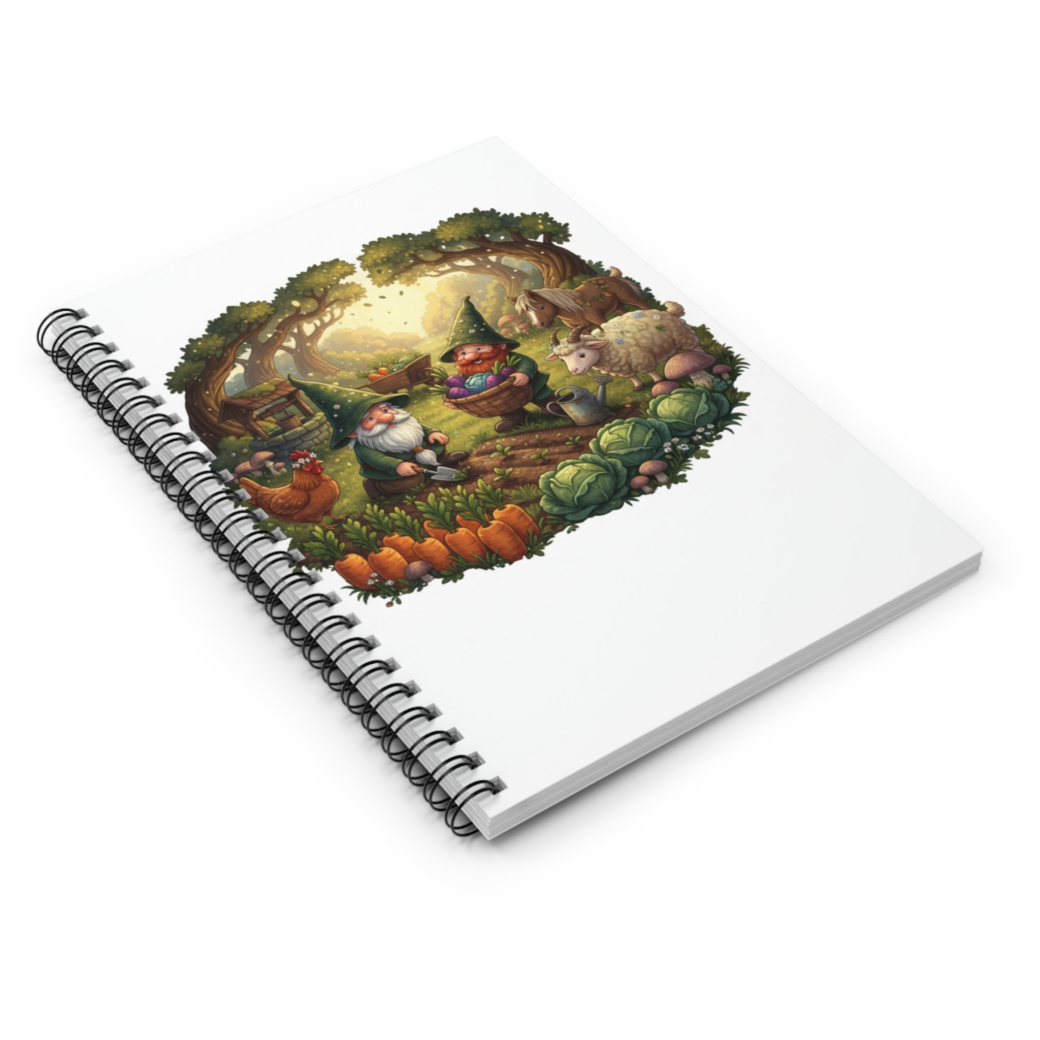 Garden Gnomes Spiral Notebook — Whimsical Farmyard Scene Ruled Journal