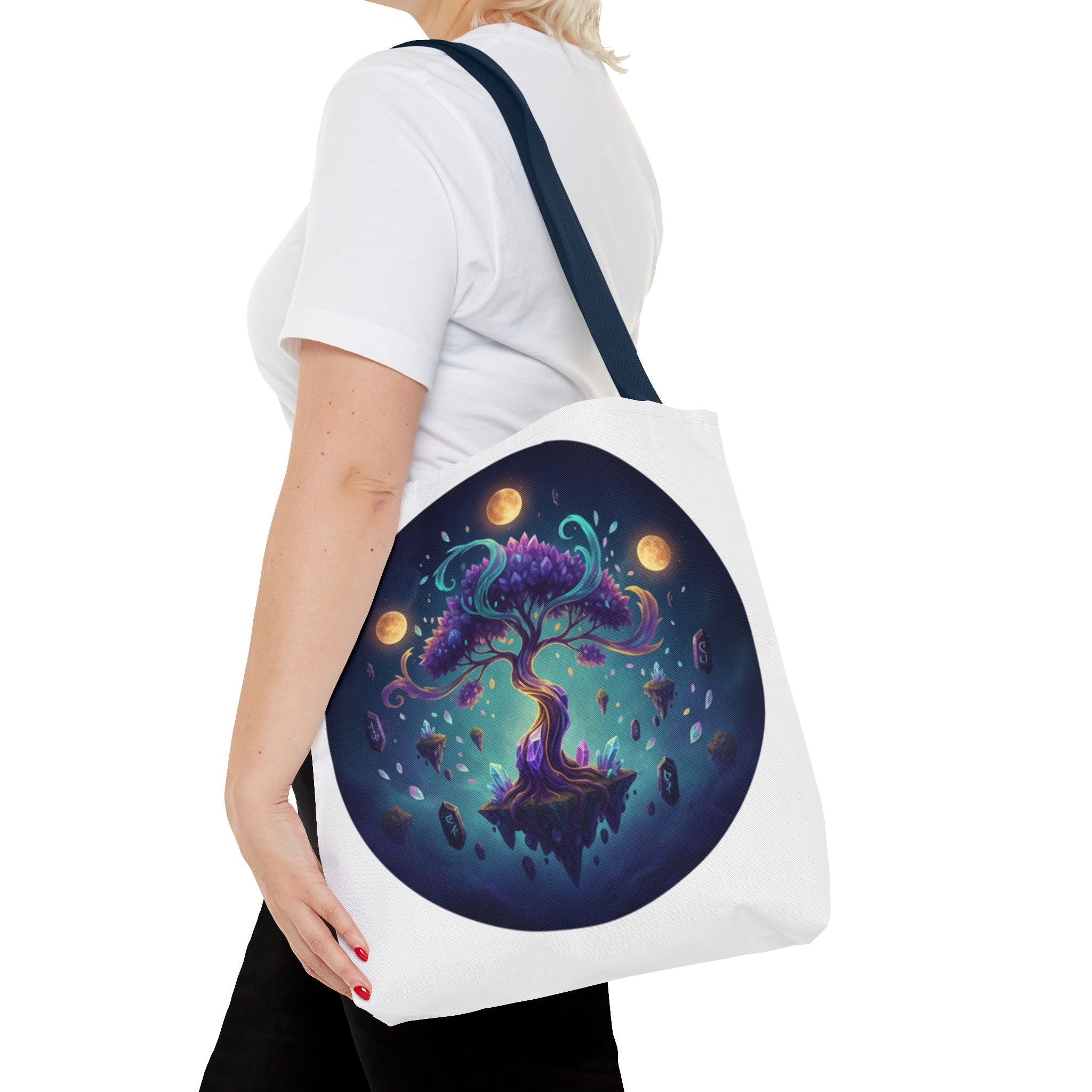 Mystic Floating Tree Tote Bag — Cosmic Moonlight Illustration All-Over Print