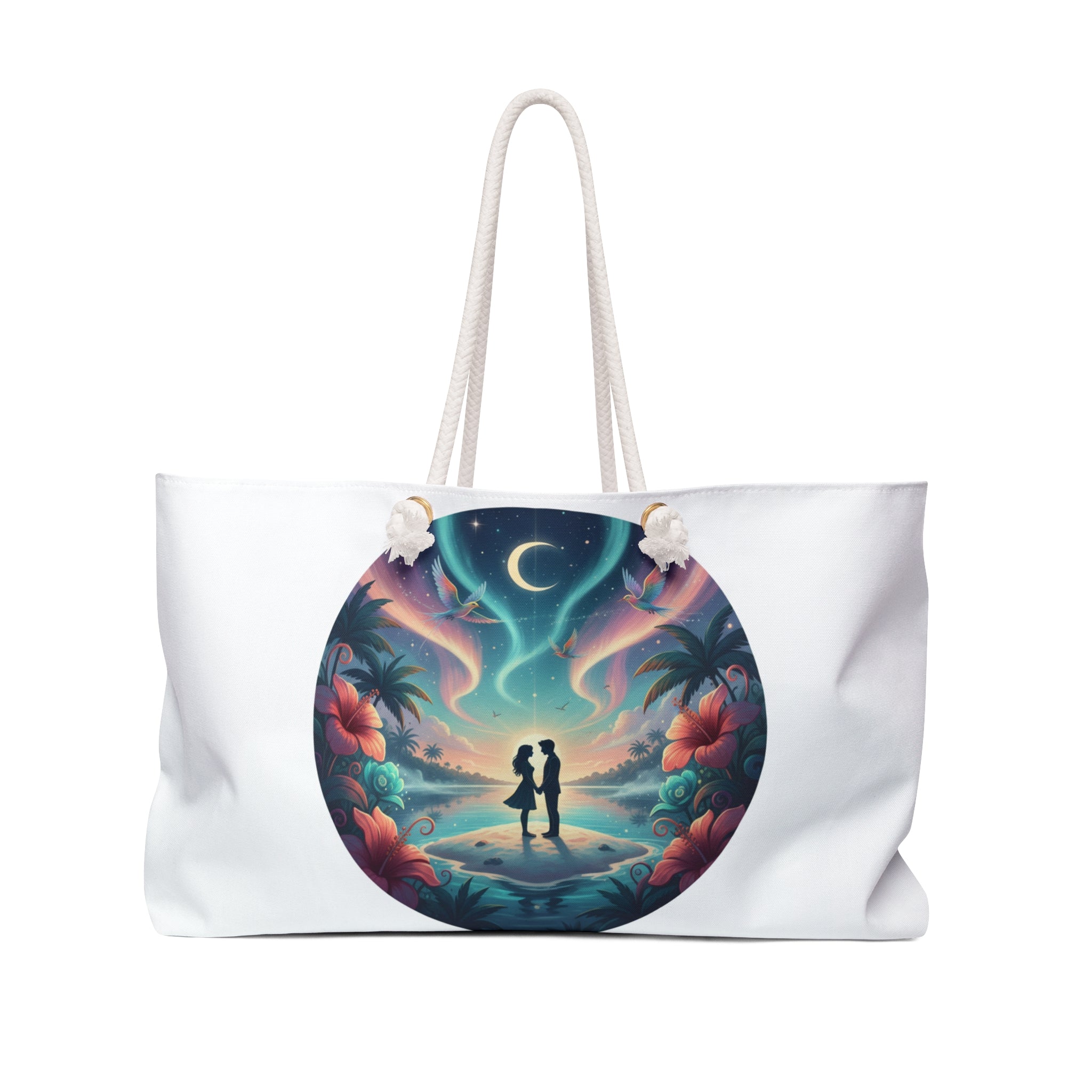 Romantic Tropical Night Weekender Bag — Couples Silhouette Beach Tote