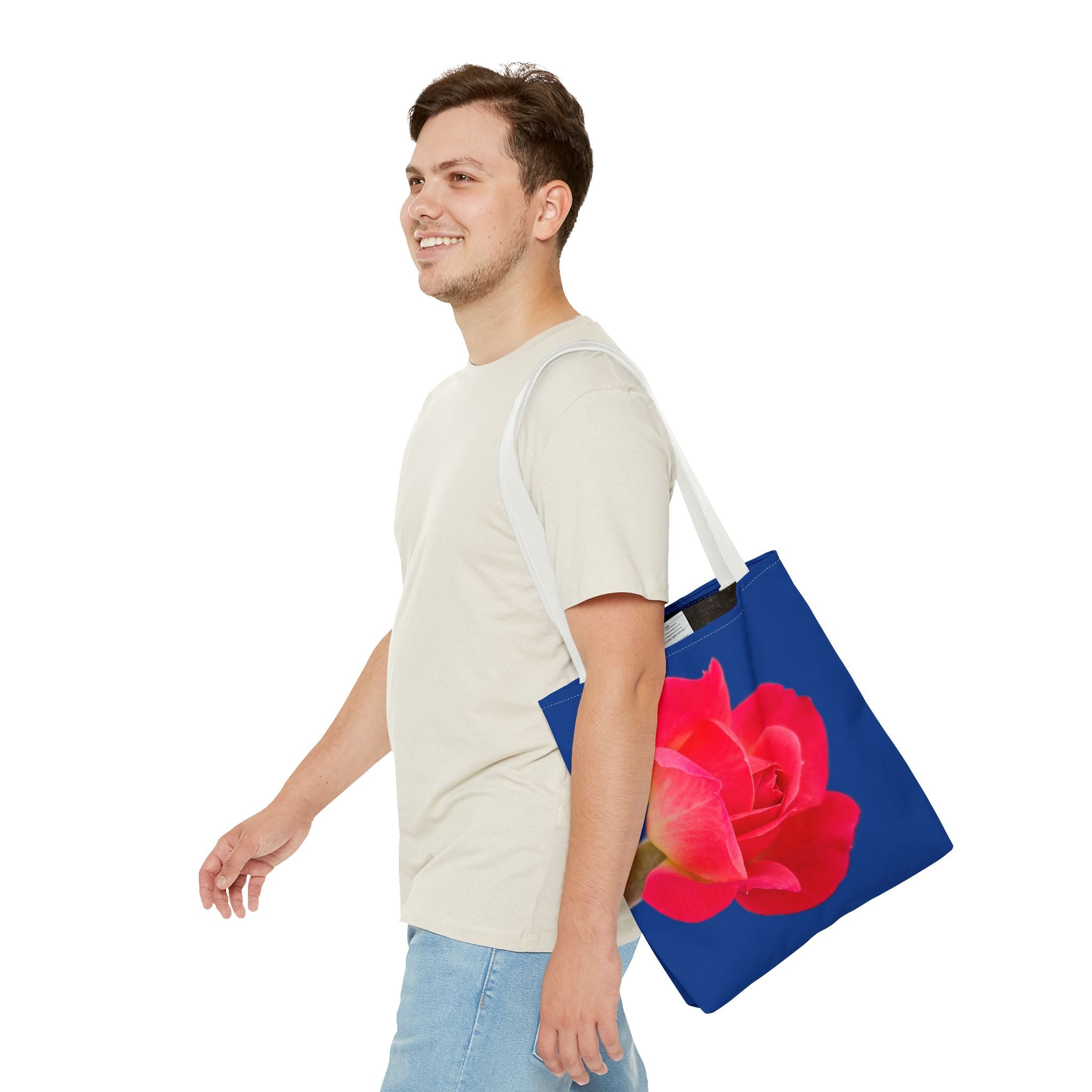 Pink Rose Floral Tote Bag – Vibrant Blue Background AOP