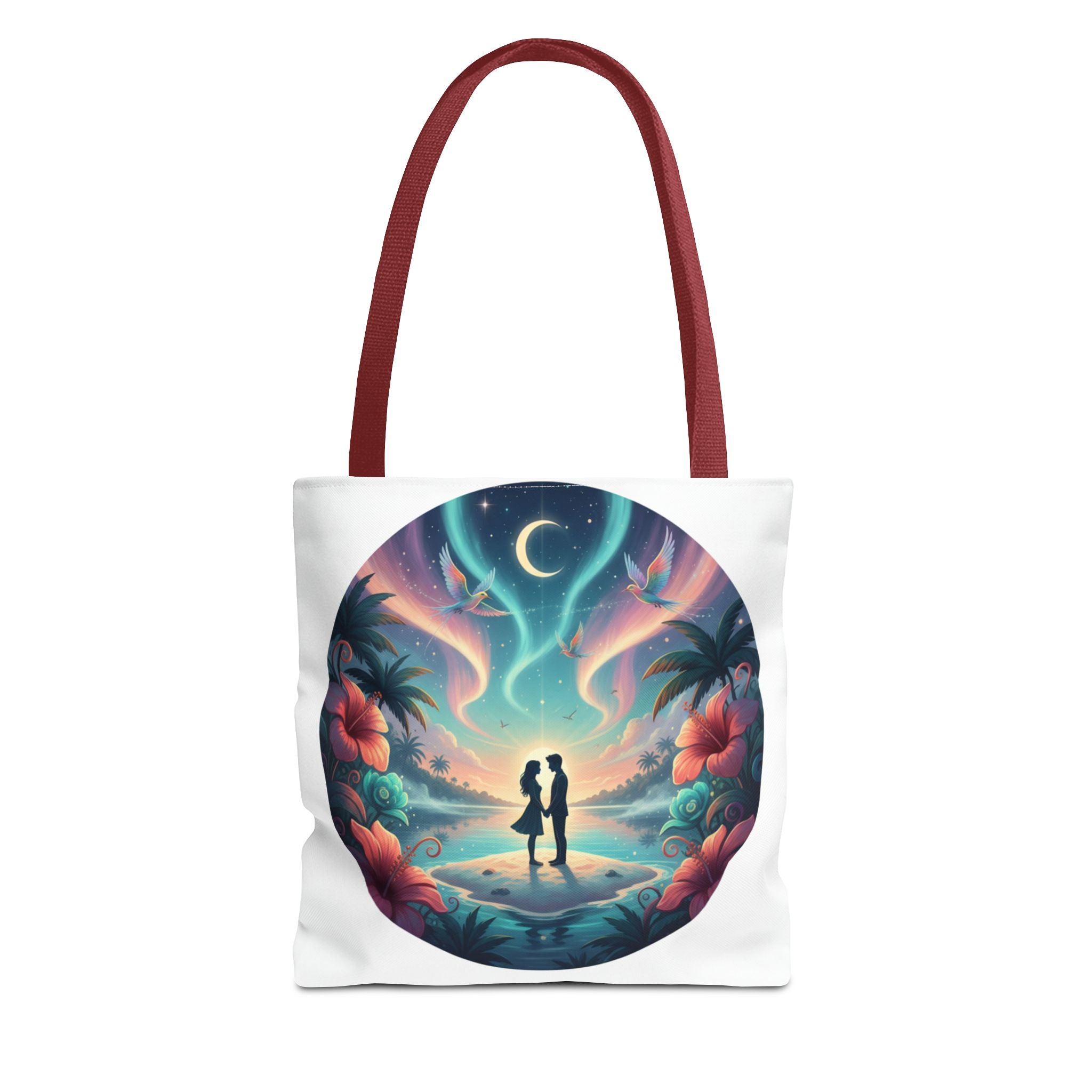 Romantic Moonlit Beach Tote Bag — Couple Silhouette Tropical Night Print