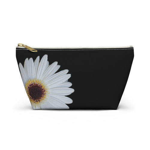 Daisy Floral Accessory Pouch — Black T‑Bottom Makeup Bag