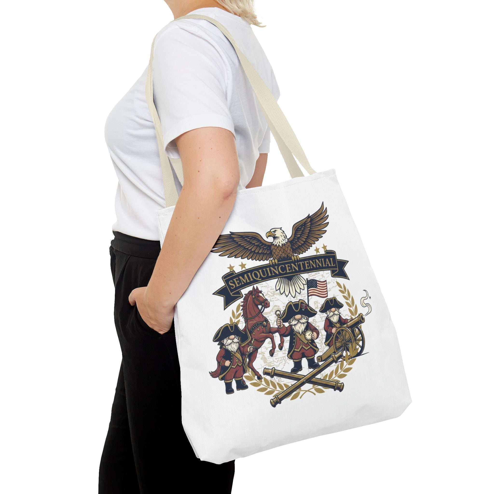 Semiquincentennial Patriotic Tote Bag — Eagle, Colonial Soldiers & Flags All-Over Print