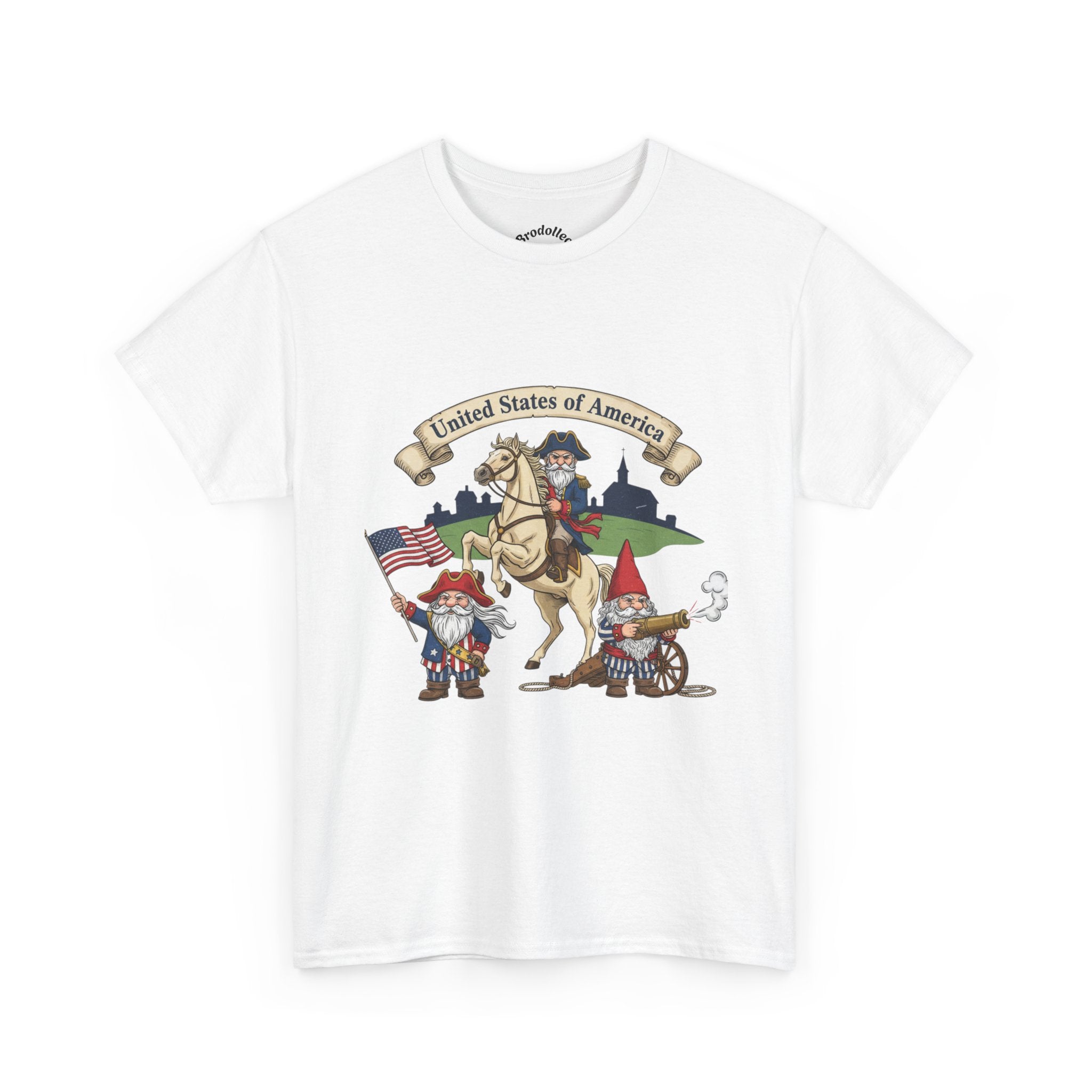 Patriotic Gnome & Horse Tee — "United States of America" Graphic T-Shirt