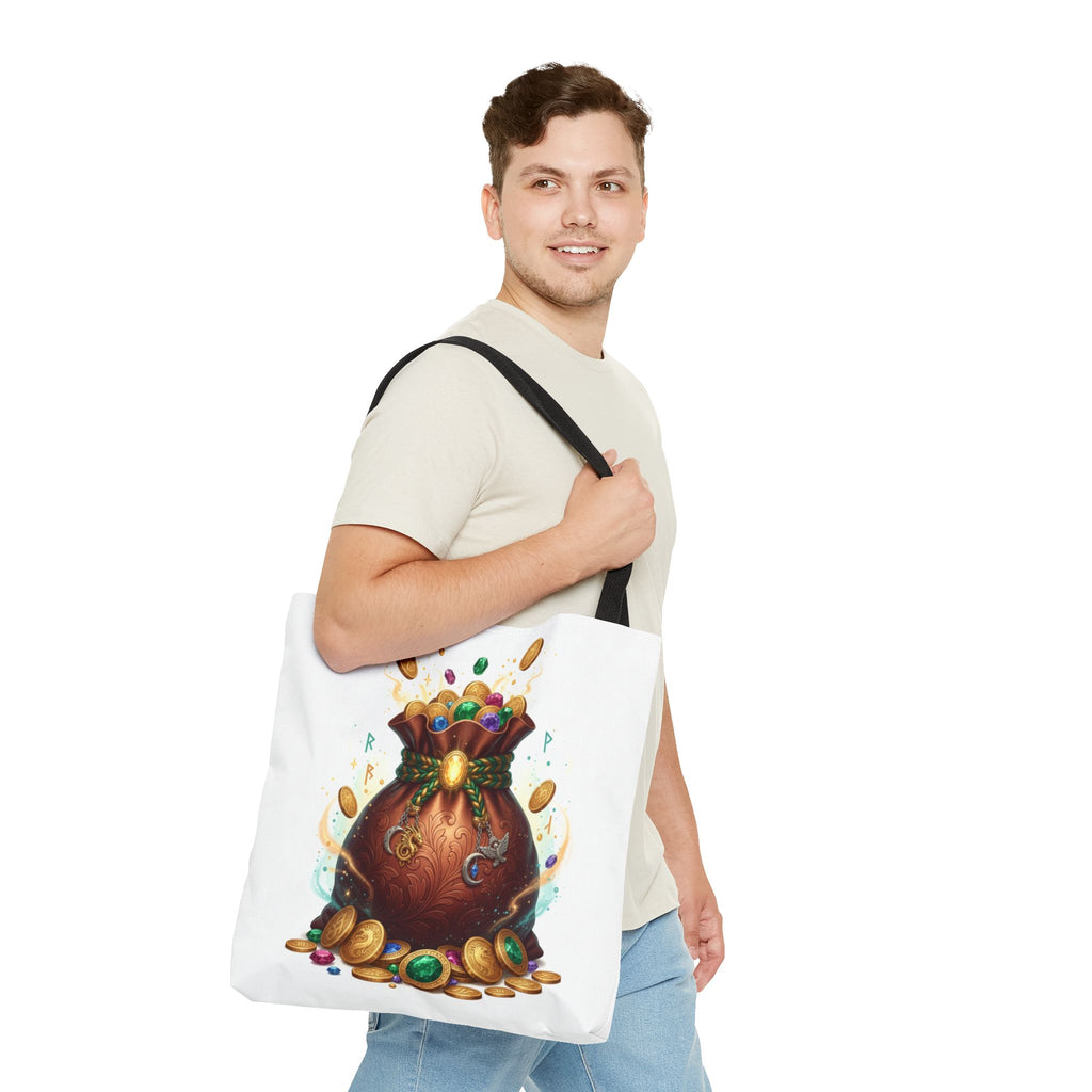Treasure Pouch Tote Bag — Colorful Gem & Gold Coin All-Over Print Tote