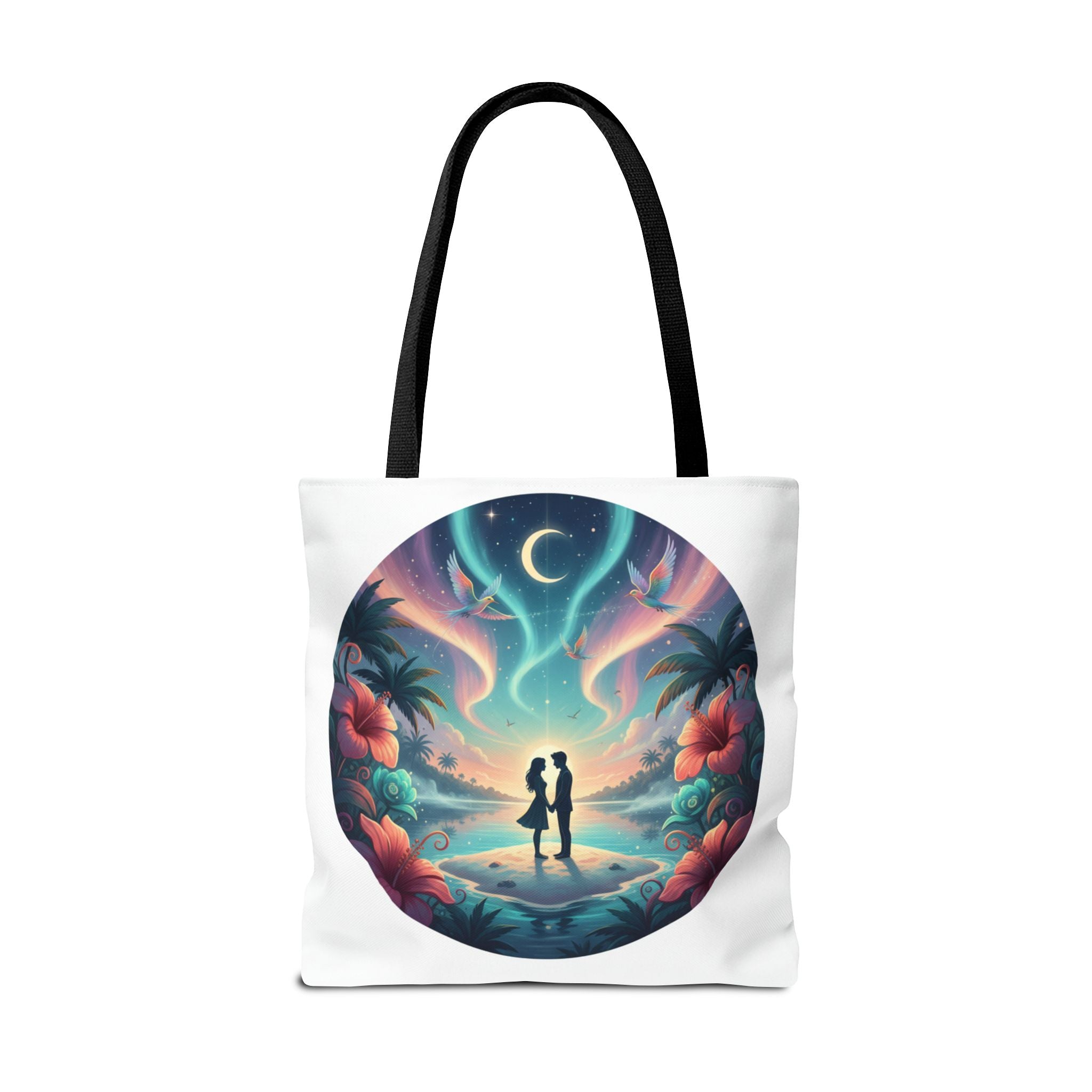 Romantic Moonlit Beach Tote Bag — Couple Silhouette Tropical Night Print