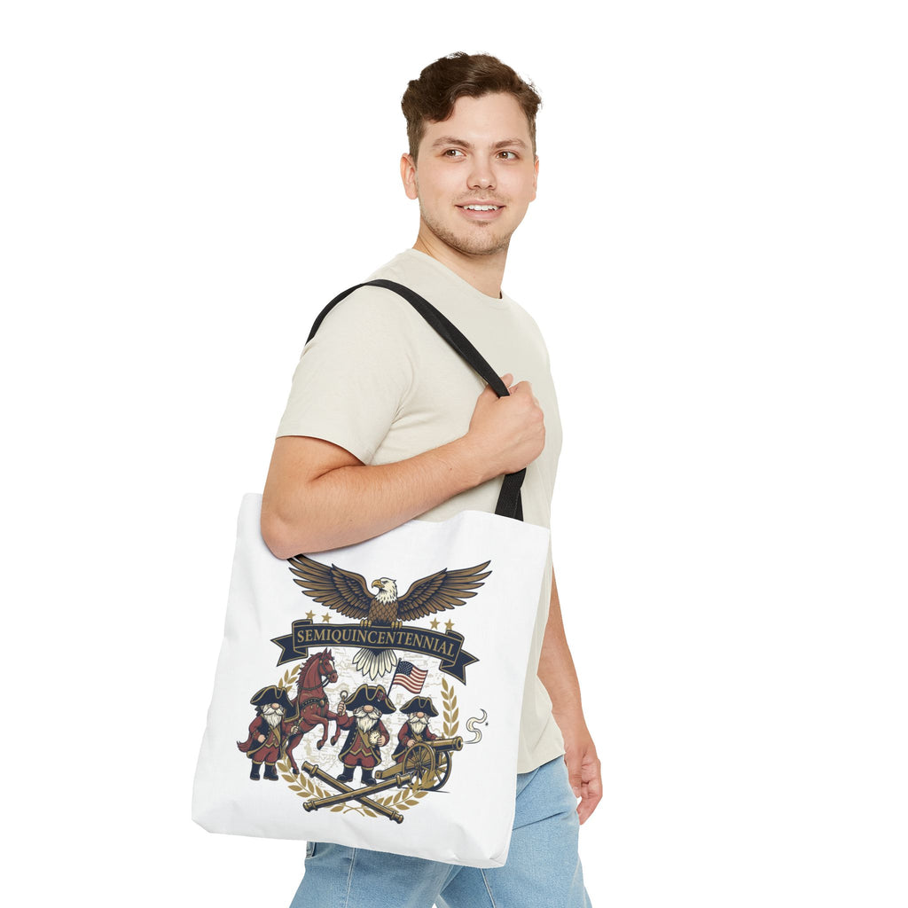 Semiquincentennial Patriotic Tote Bag — Eagle, Colonial Soldiers & Flags All-Over Print