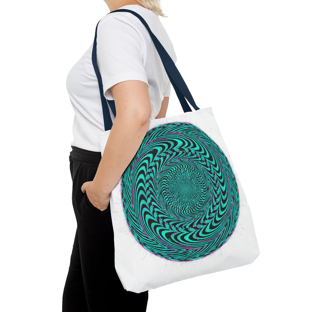 Psychedelic Spiral Tote Bag — Teal Optical Illusion All-Over Print