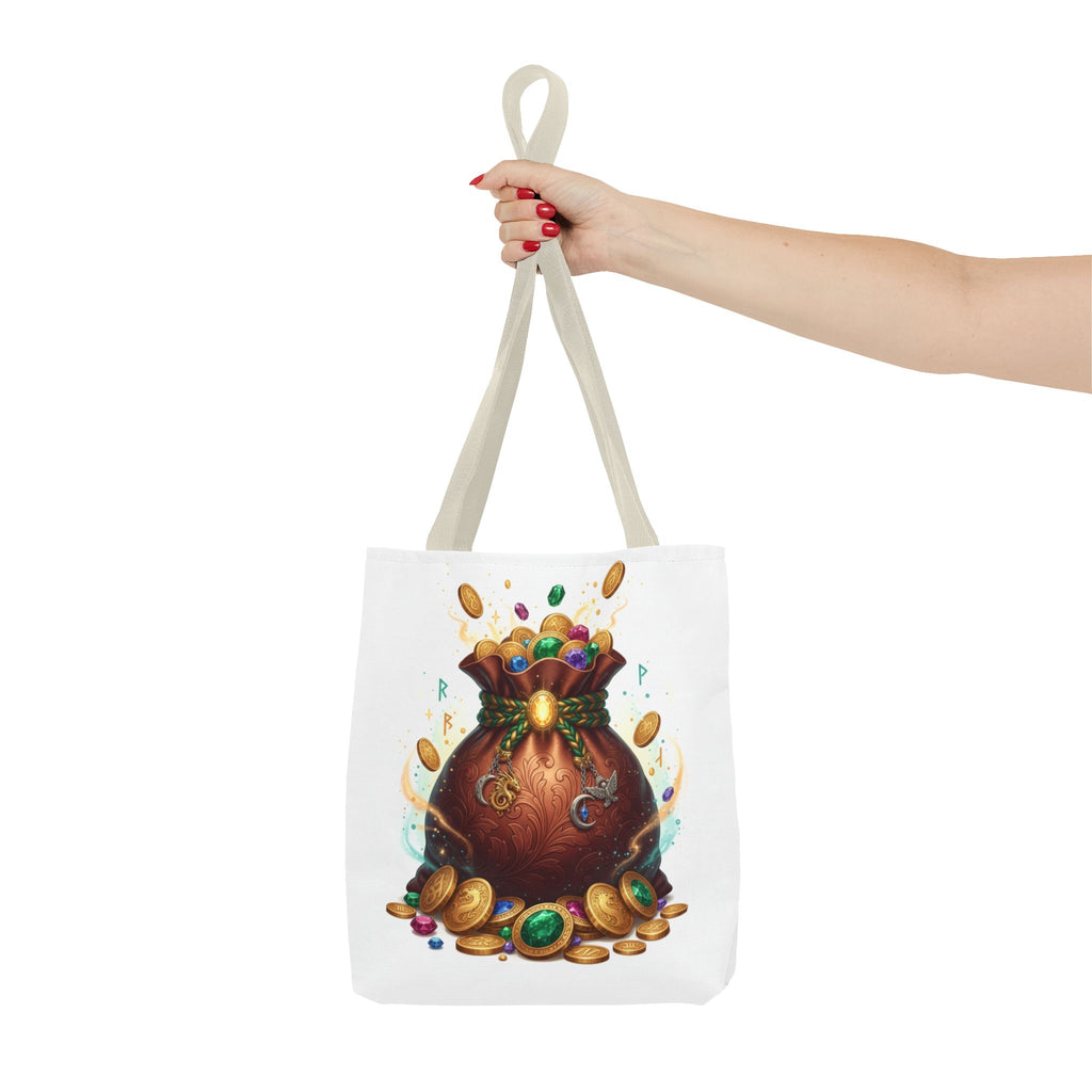 Treasure Pouch Tote Bag — Colorful Gem & Gold Coin All-Over Print Tote