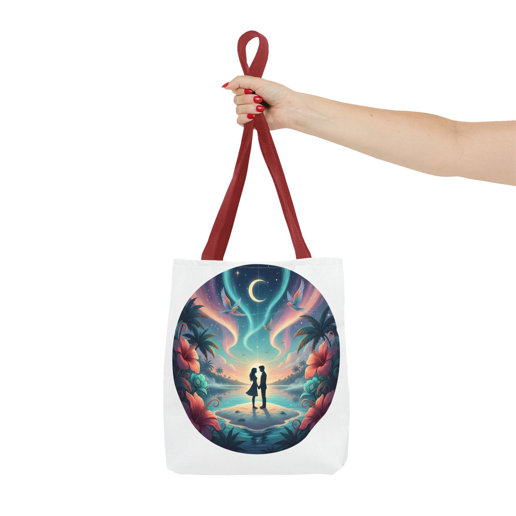 Romantic Moonlit Beach Tote Bag — Couple Silhouette Tropical Night Print