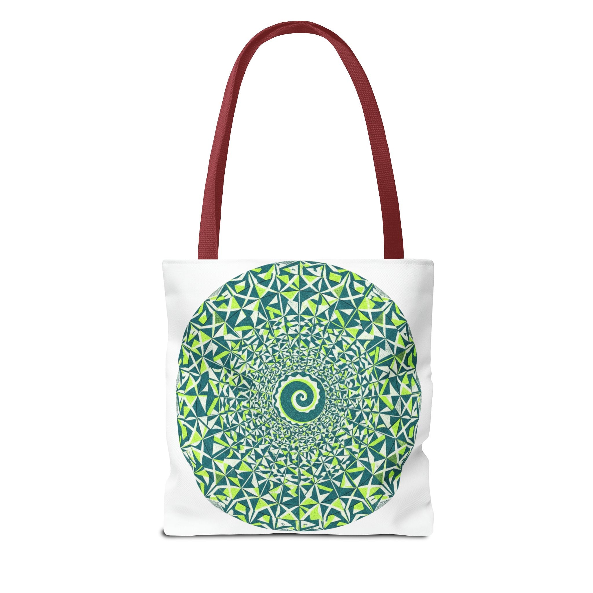 Spiral Mandala Tote Bag — Green Geometric All-Over Print Tote