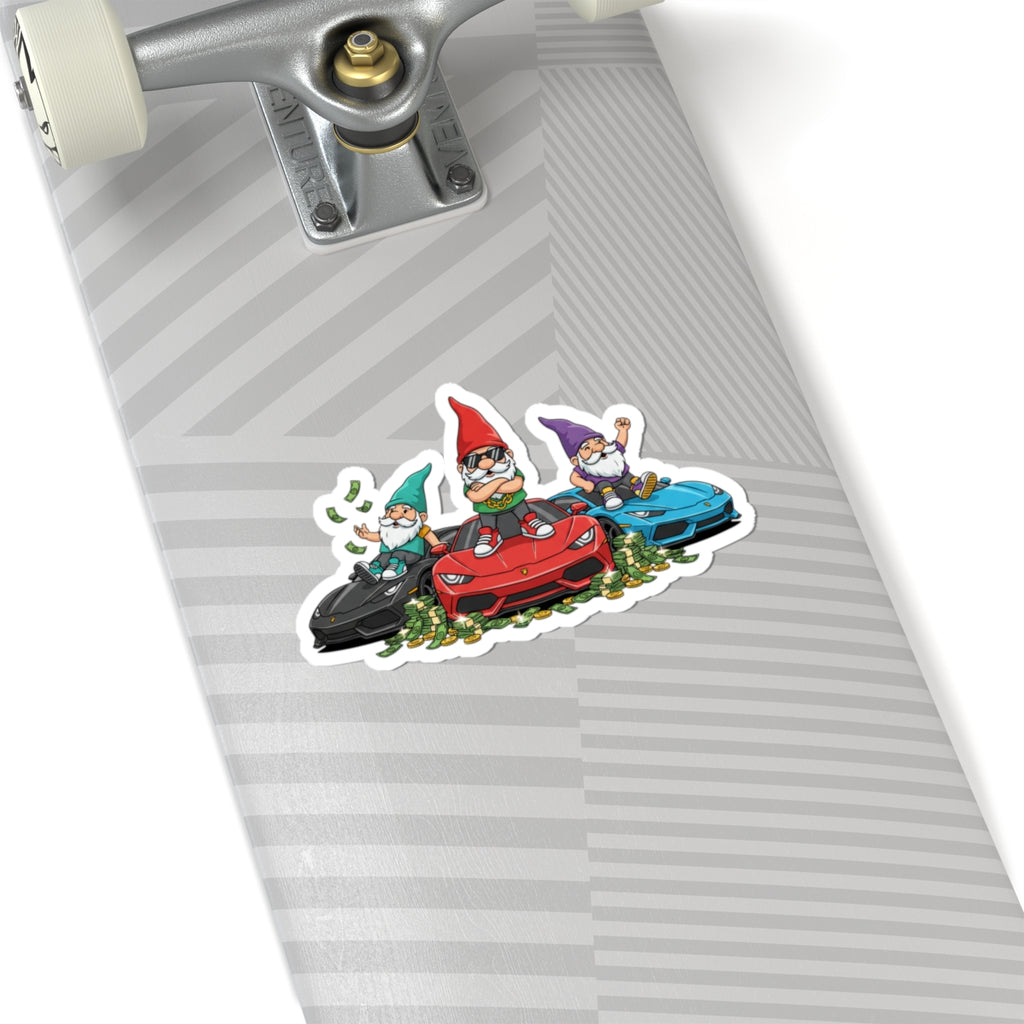 Racing Gnomes Sticker — Cute Car Gnome Kiss-Cut Decal for Laptops & Water Bottles