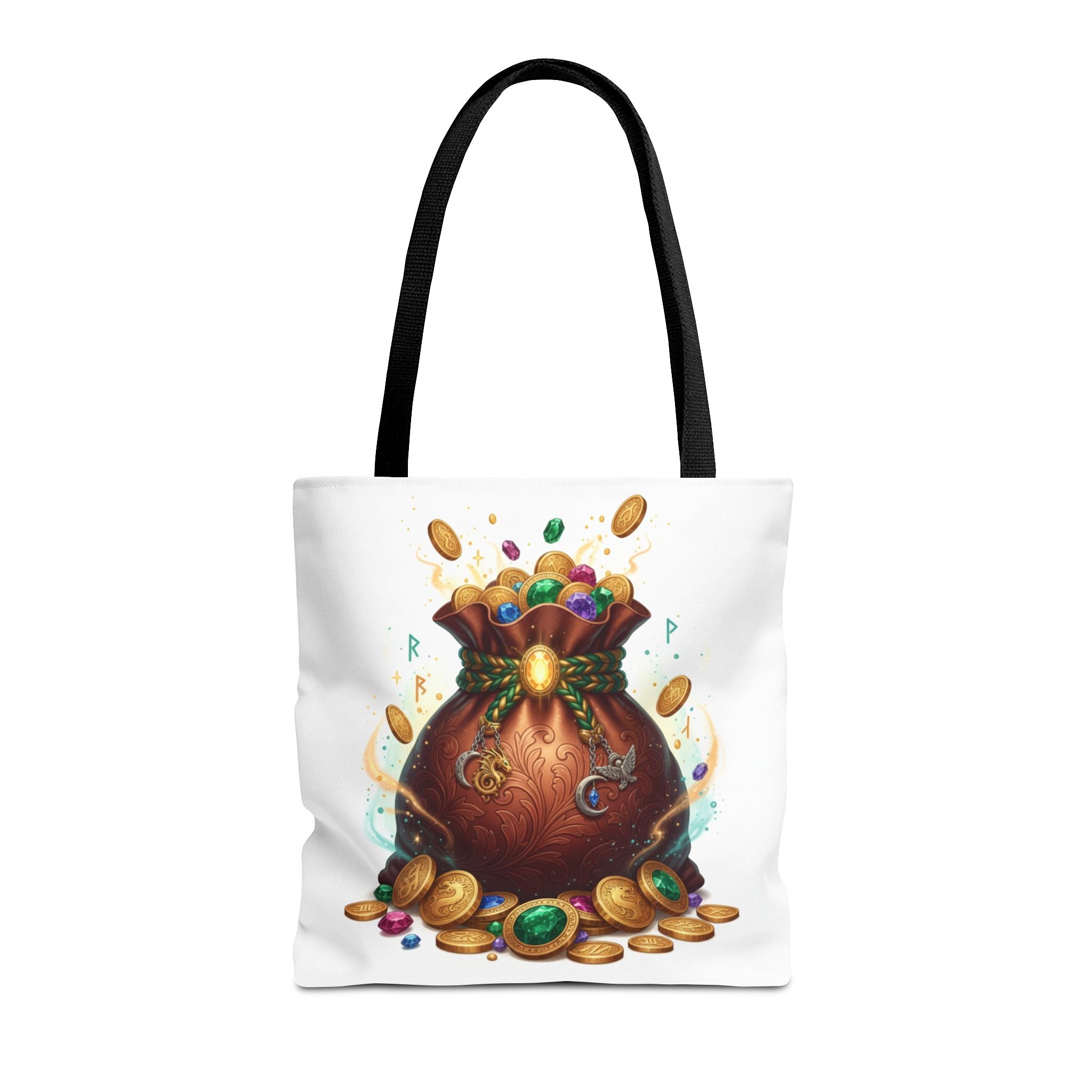 Treasure Pouch Tote Bag — Colorful Gem & Gold Coin All-Over Print Tote
