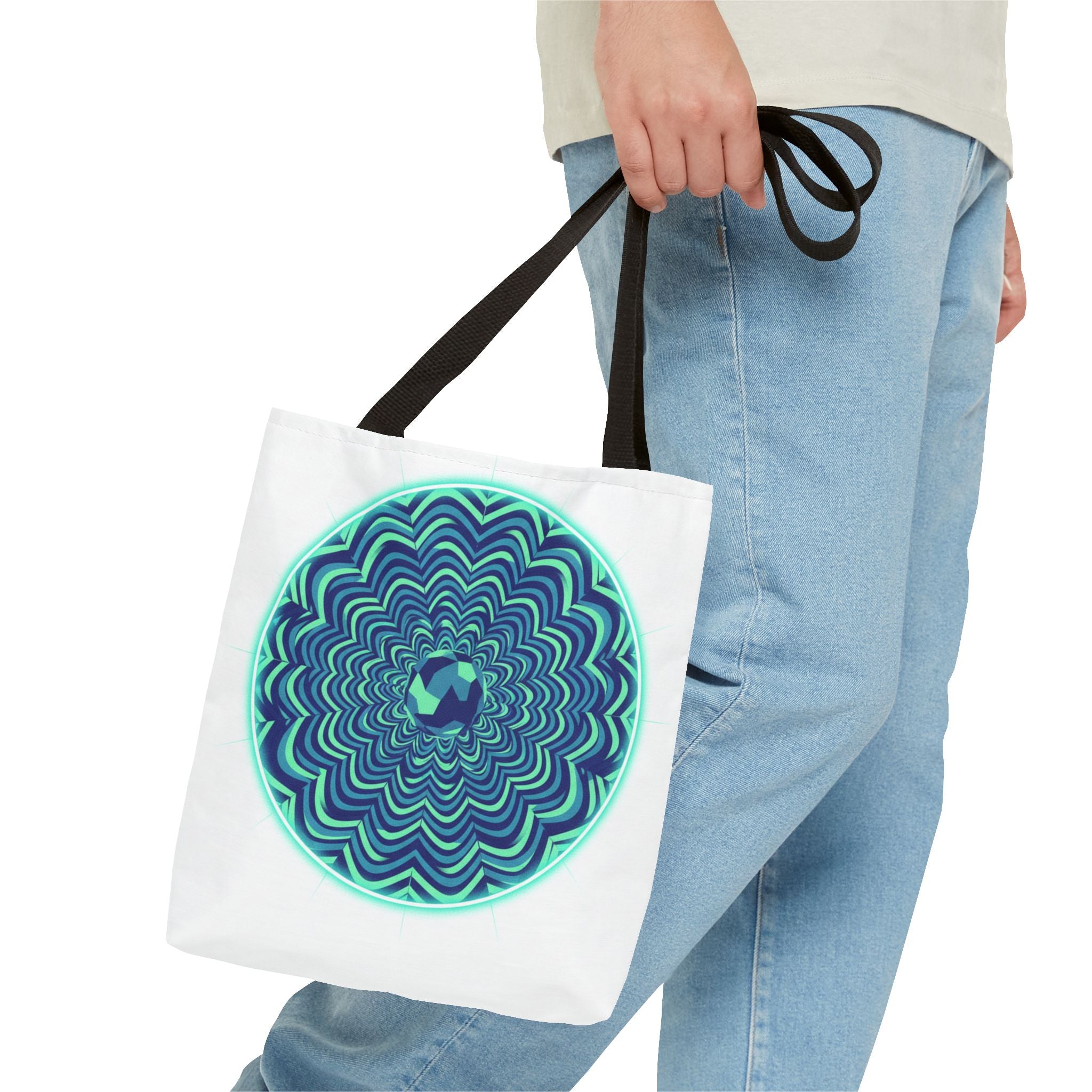 Psychedelic Mandala Tote Bag — Blue Green Optical Art All-Over Print