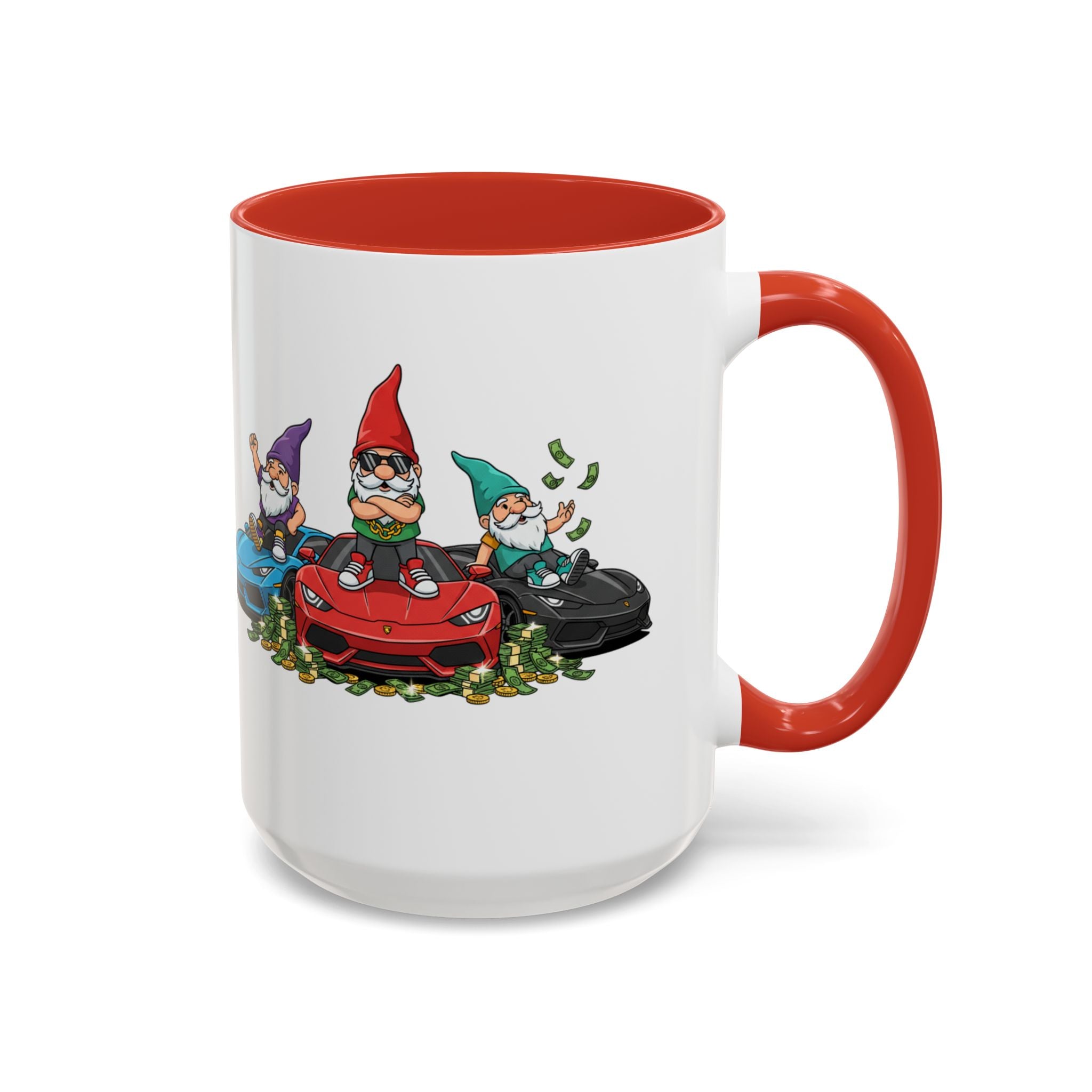 Gnome Car Crew Accent Coffee Mug — Racing Gnomes with Sports Cars (11/15oz)