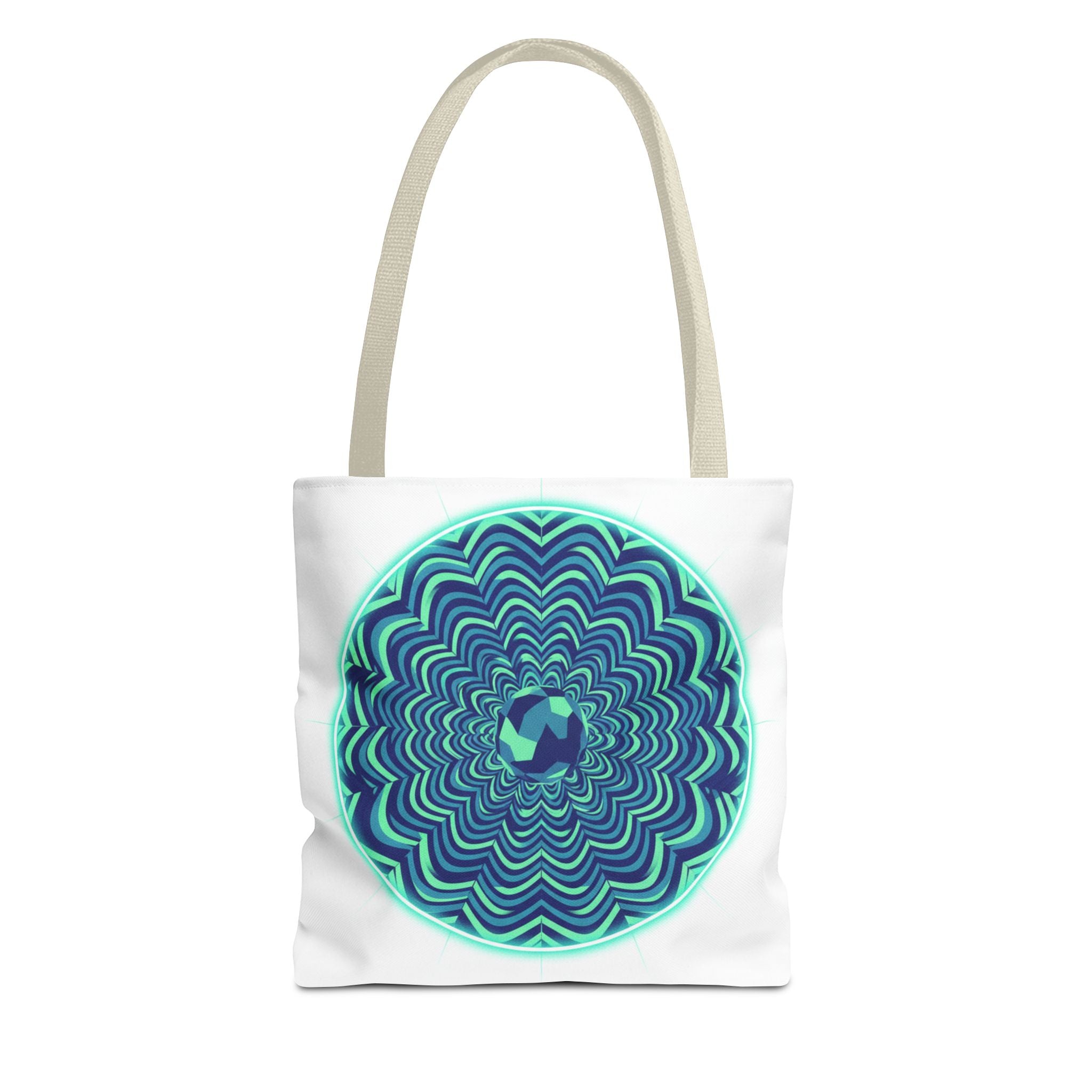 Psychedelic Mandala Tote Bag — Blue Green Optical Art All-Over Print