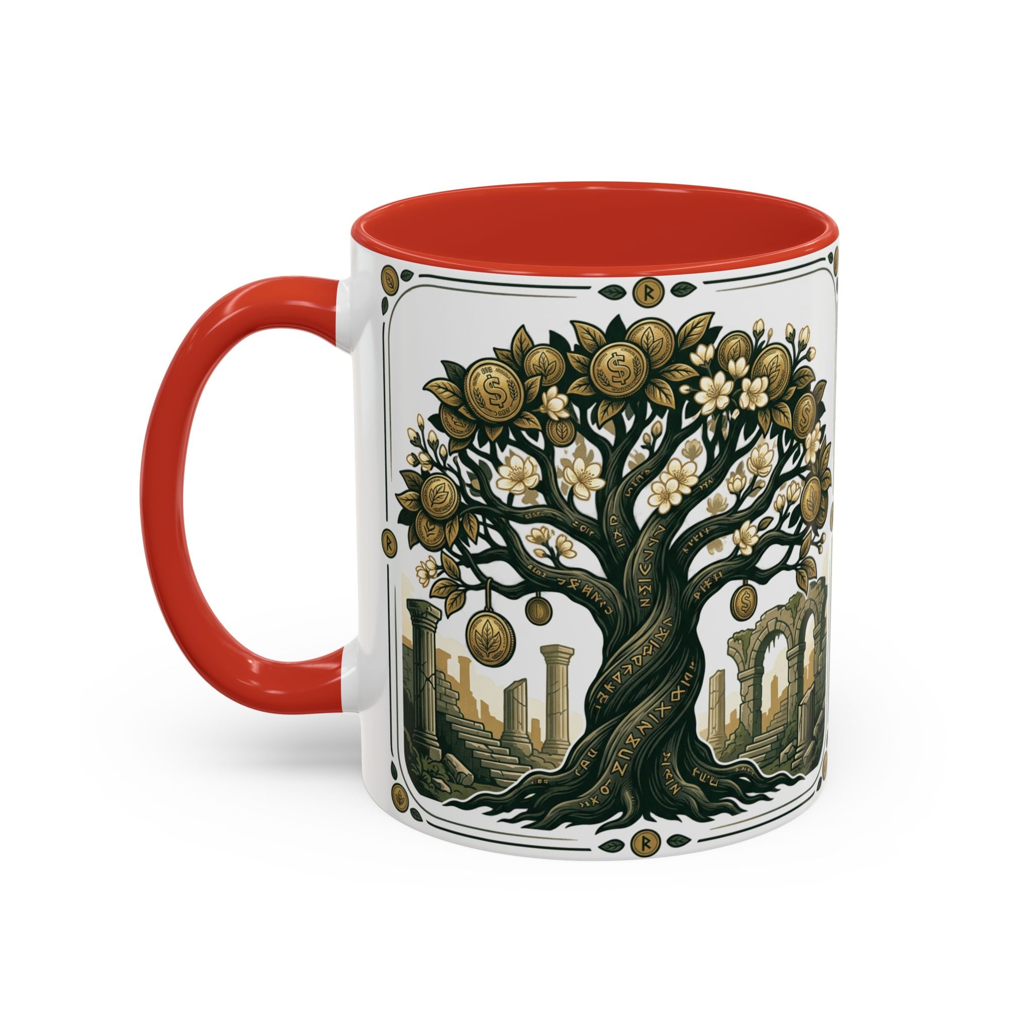 Ornate Tree of Coins Coffee Mug — Gold Ruins Accent Ceramic Mug (11/15oz)