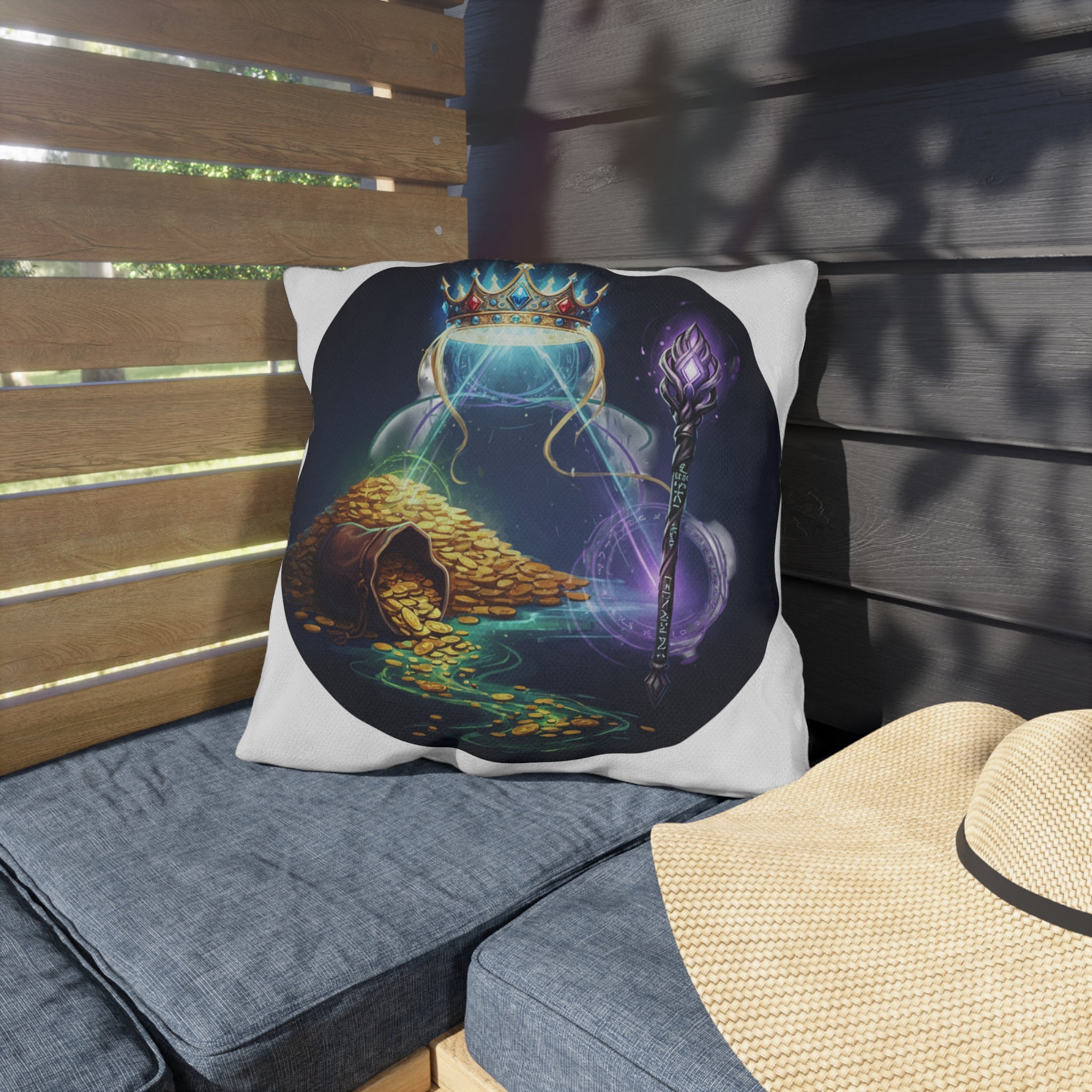 Fantasy Treasure Outdoor Pillow — Crown, Magic Staff & Gold Hoard Patio Accent