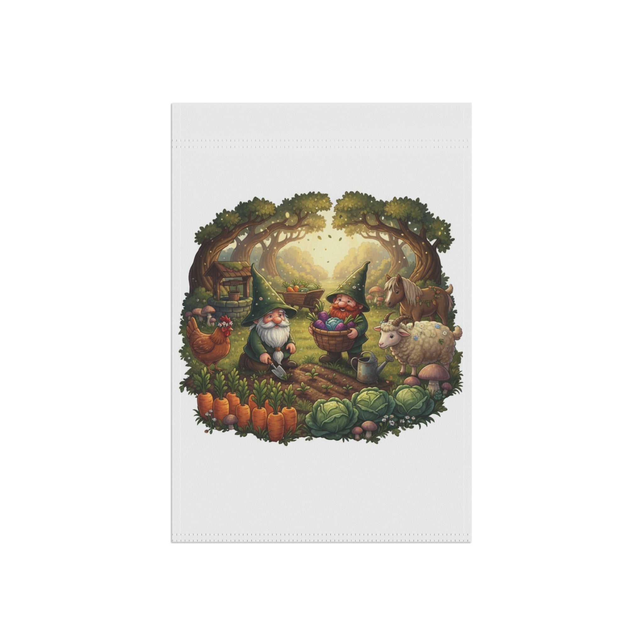 Whimsical Garden Gnomes Garden Flag — Cottage Farm Animals Yard Banner