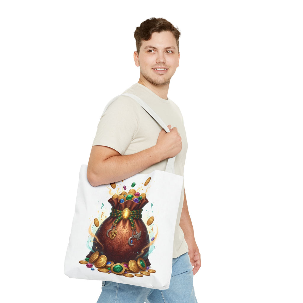 Treasure Pouch Tote Bag — Colorful Gem & Gold Coin All-Over Print Tote
