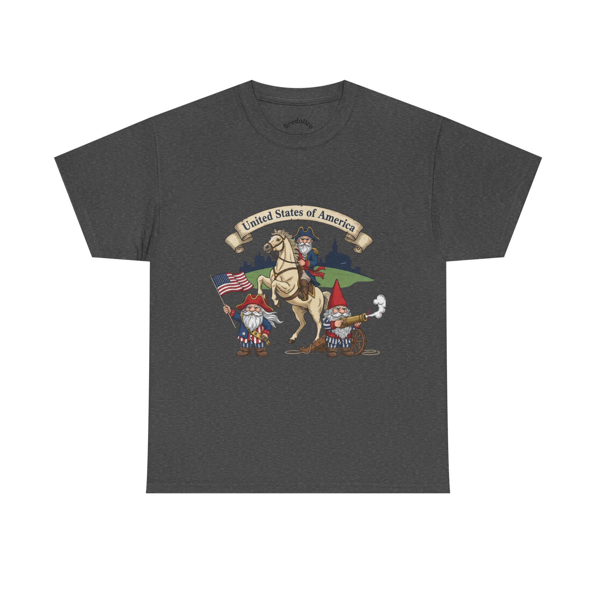 Patriotic Gnome & Horse Tee — "United States of America" Graphic T-Shirt