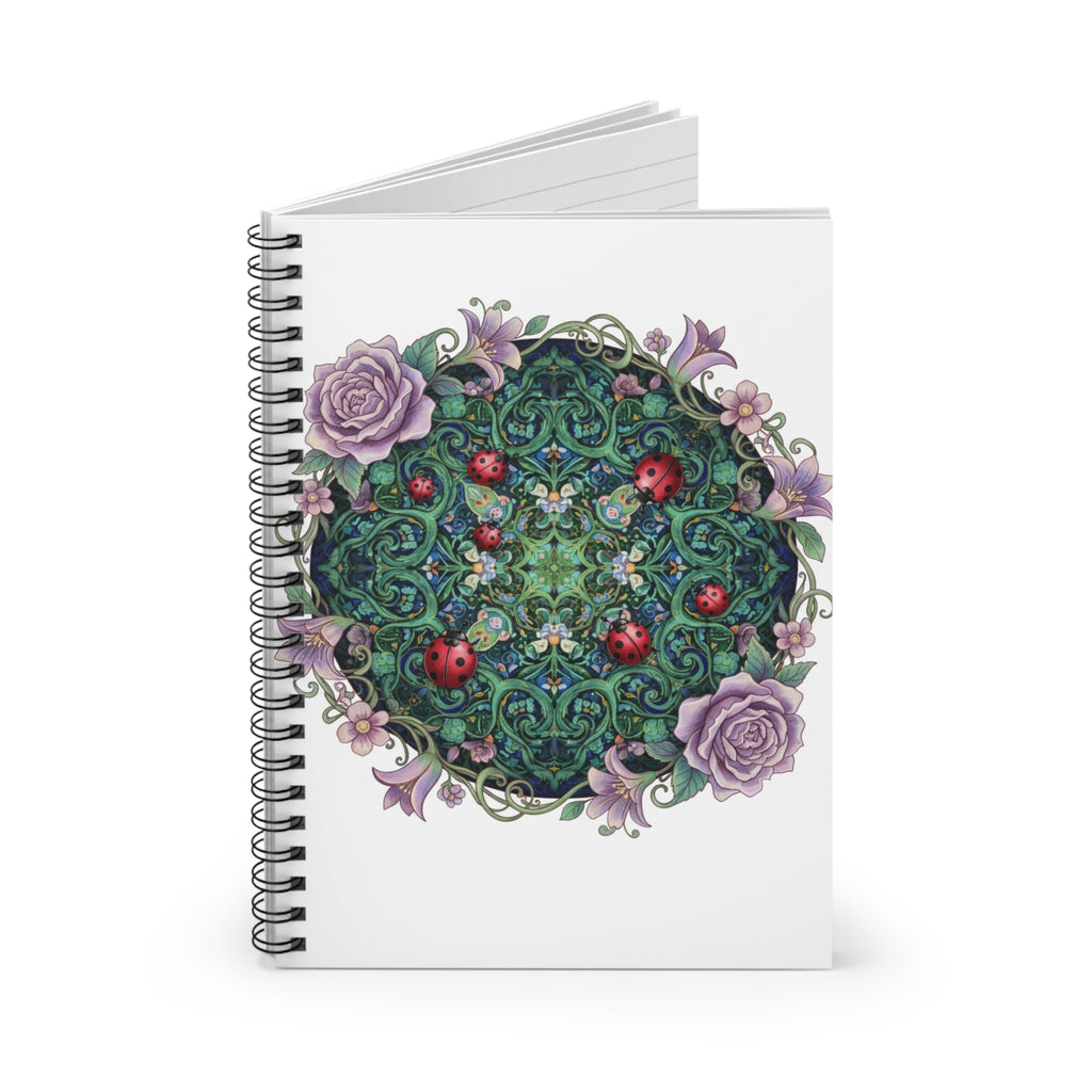 Floral Mandala Spiral Notebook — Garden Rose Ladybug Ruled Journal