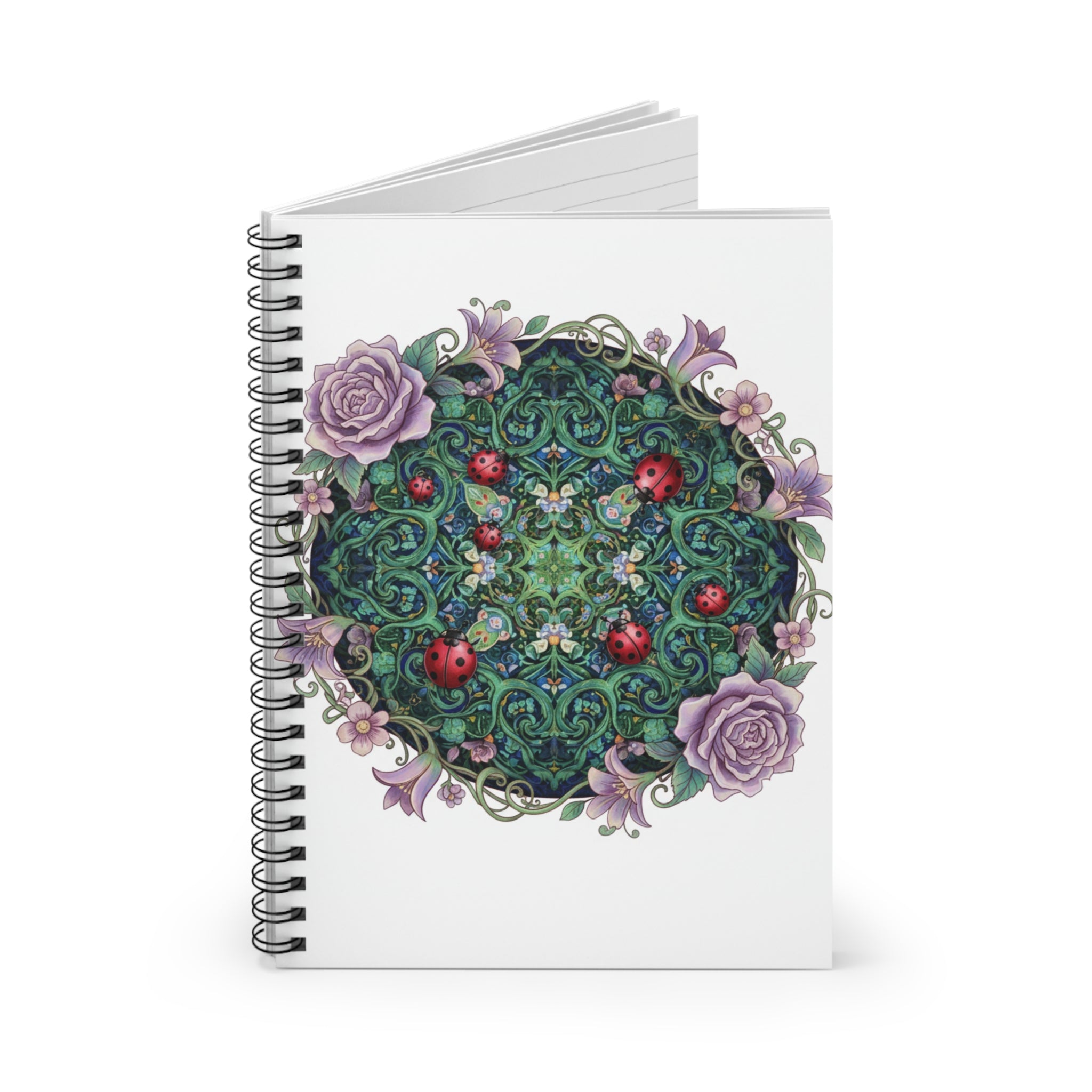 Floral Mandala Spiral Notebook — Garden Rose Ladybug Ruled Journal