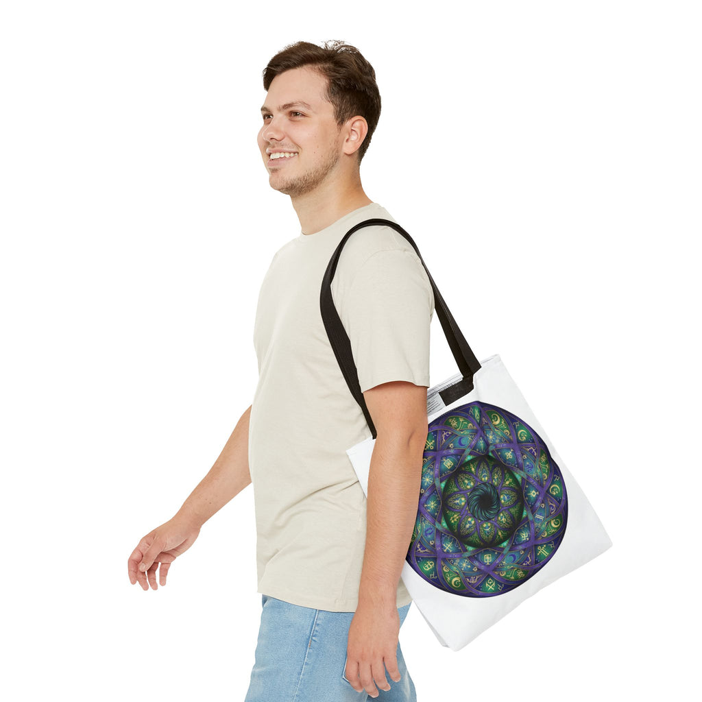Mystic Mandala Tote Bag — Purple Green Spiral All-Over Print