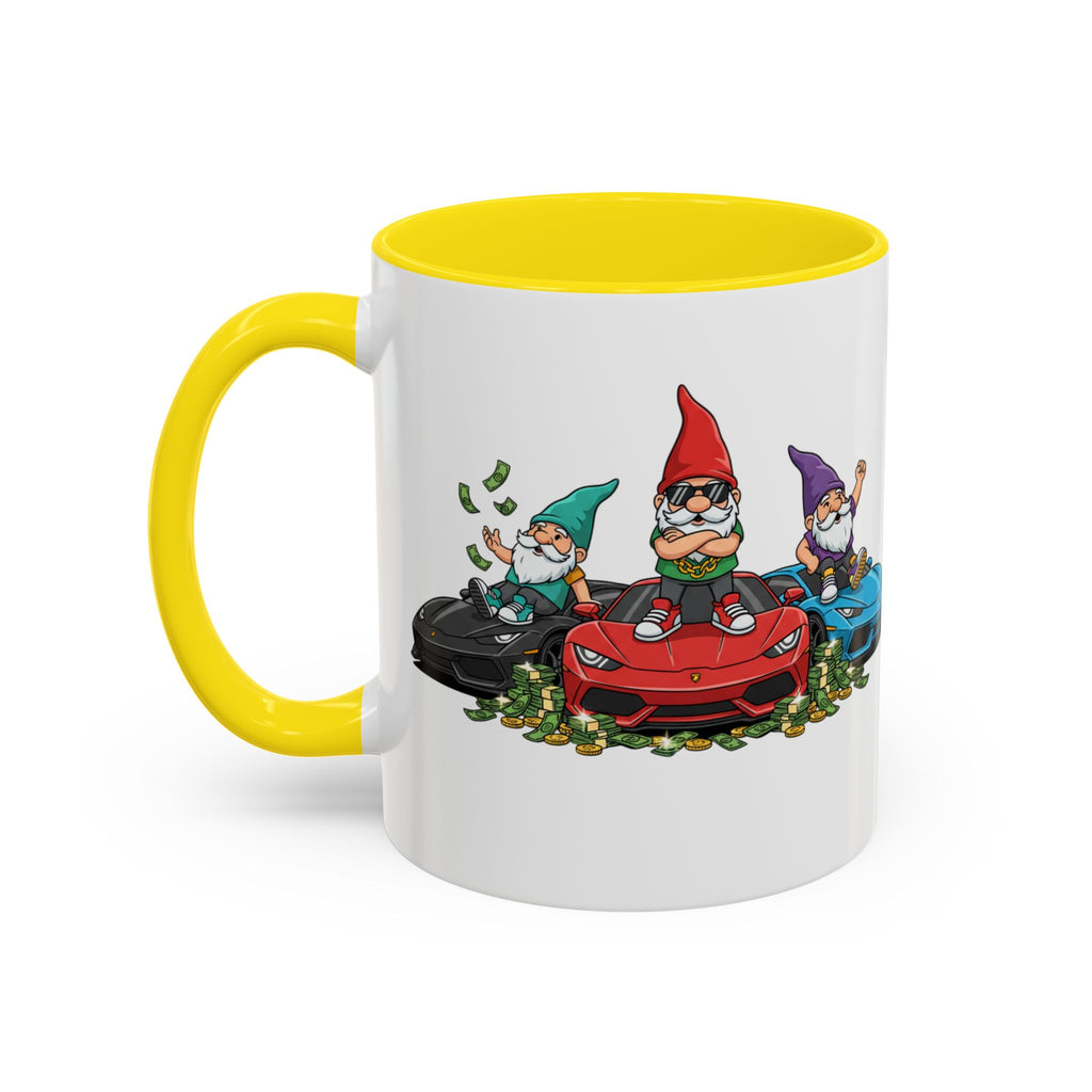 Gnome Car Crew Accent Coffee Mug — Racing Gnomes with Sports Cars (11/15oz)
