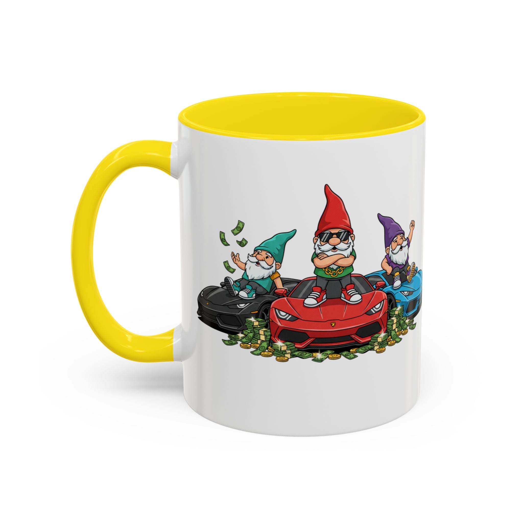Gnome Car Crew Accent Coffee Mug — Racing Gnomes with Sports Cars (11/15oz)