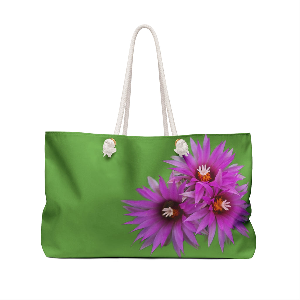 Weekender Bag — Green Tote with Vibrant Purple Flowers | Floral Beach & Travel Bag
