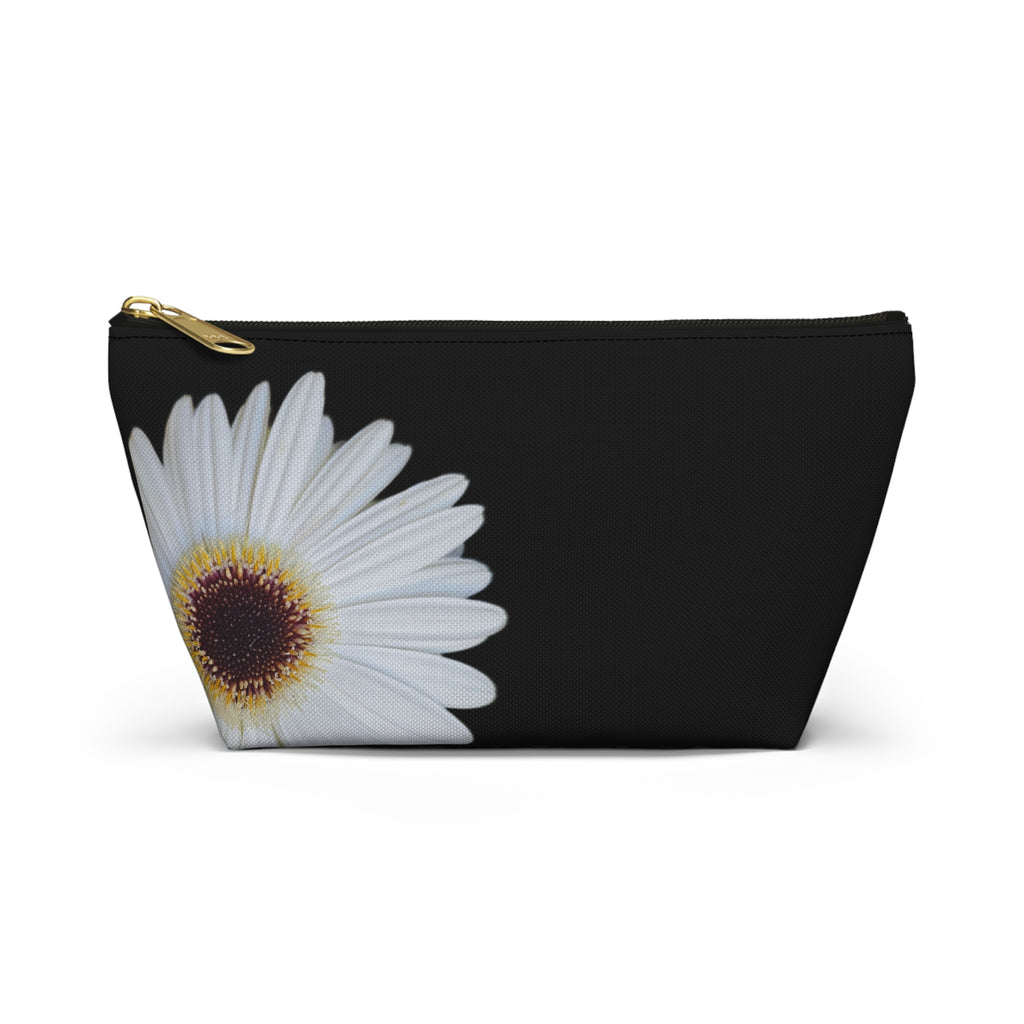 Daisy Floral Accessory Pouch — Black T‑Bottom Makeup Bag