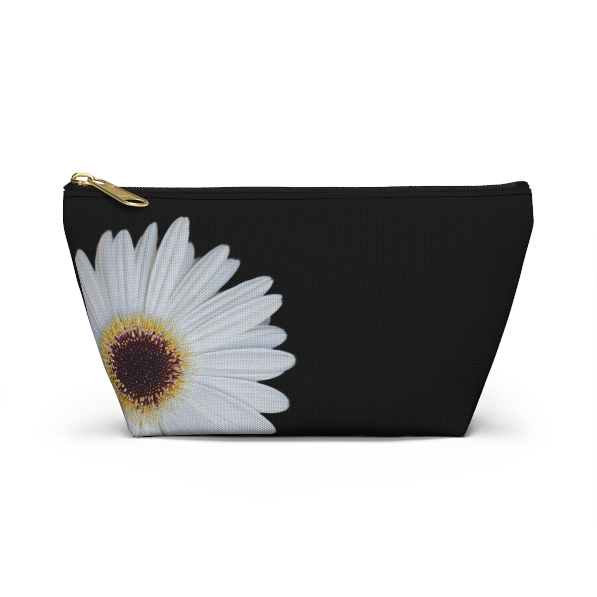 Daisy Floral Accessory Pouch — Black T‑Bottom Makeup Bag