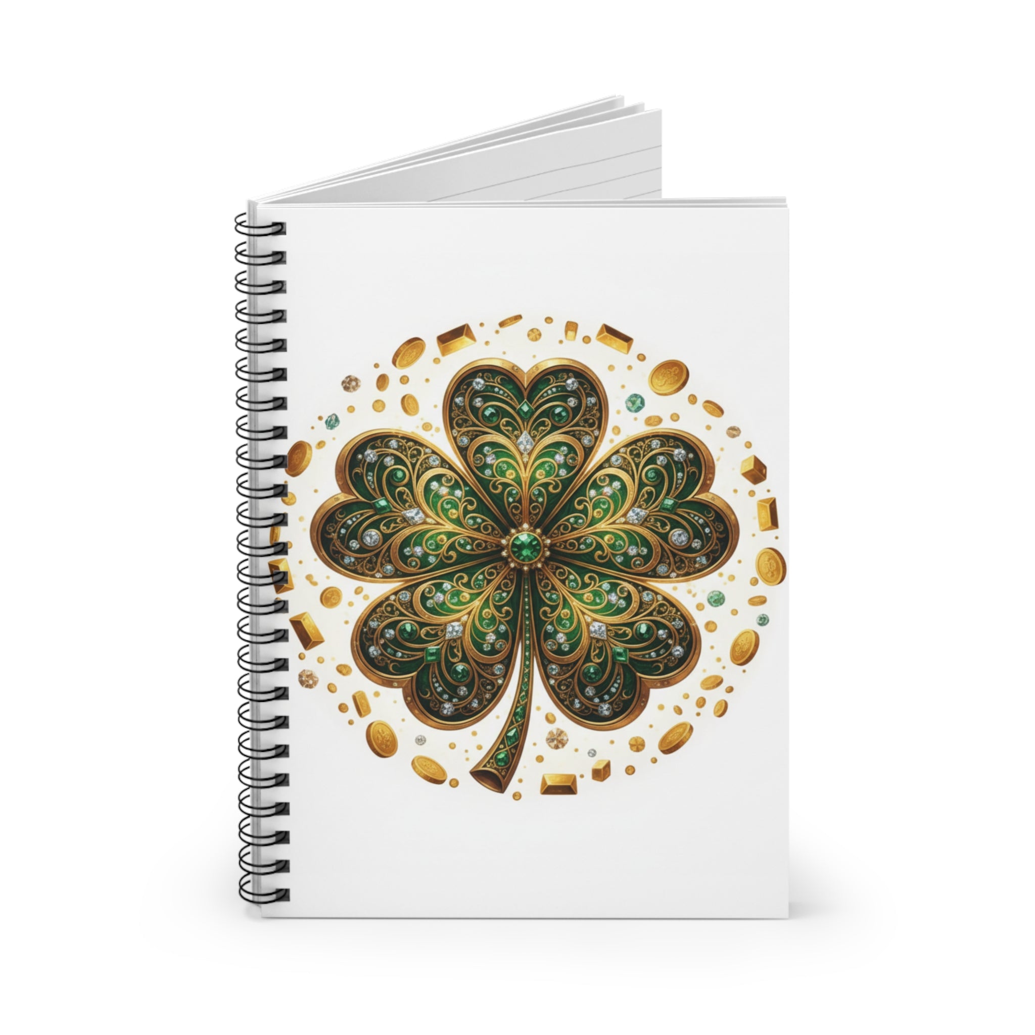 Celtic Four-Leaf Clover Spiral Notebook — Green Gold Lucky Journal