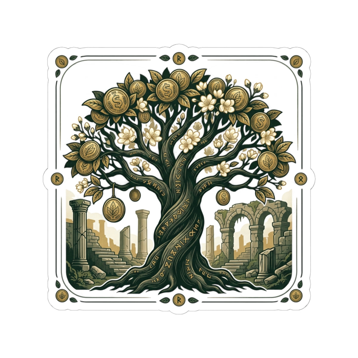 Mythic Money Tree Sticker — Gold Coin Tree Kiss-Cut Sticker for Laptops & Journals