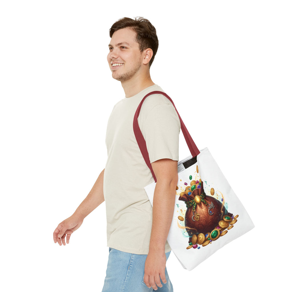 Treasure Pouch Tote Bag — Colorful Gem & Gold Coin All-Over Print Tote