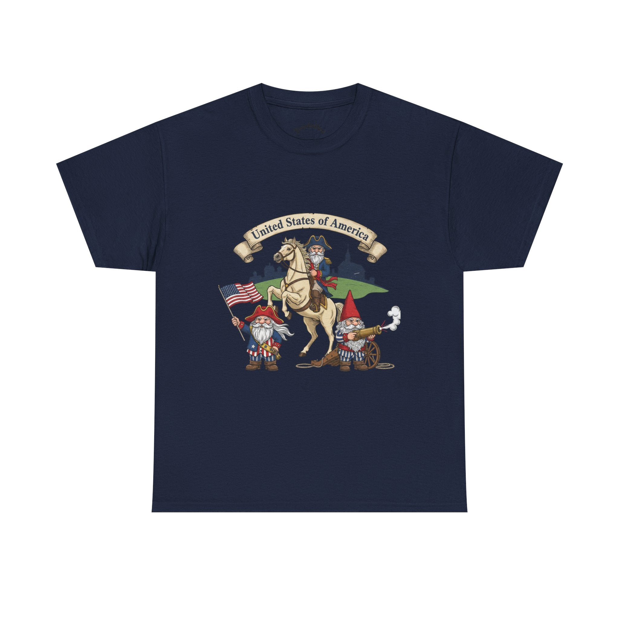 Patriotic Gnome & Horse Tee — "United States of America" Graphic T-Shirt