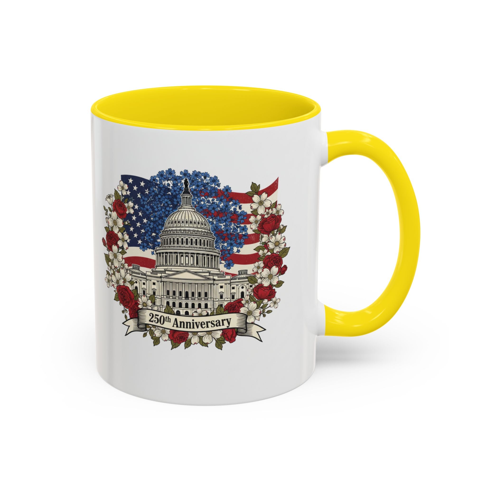 Capitol 250th Anniversary Accent Coffee Mug – Patriotic American Flag Floral Design (11/15oz)