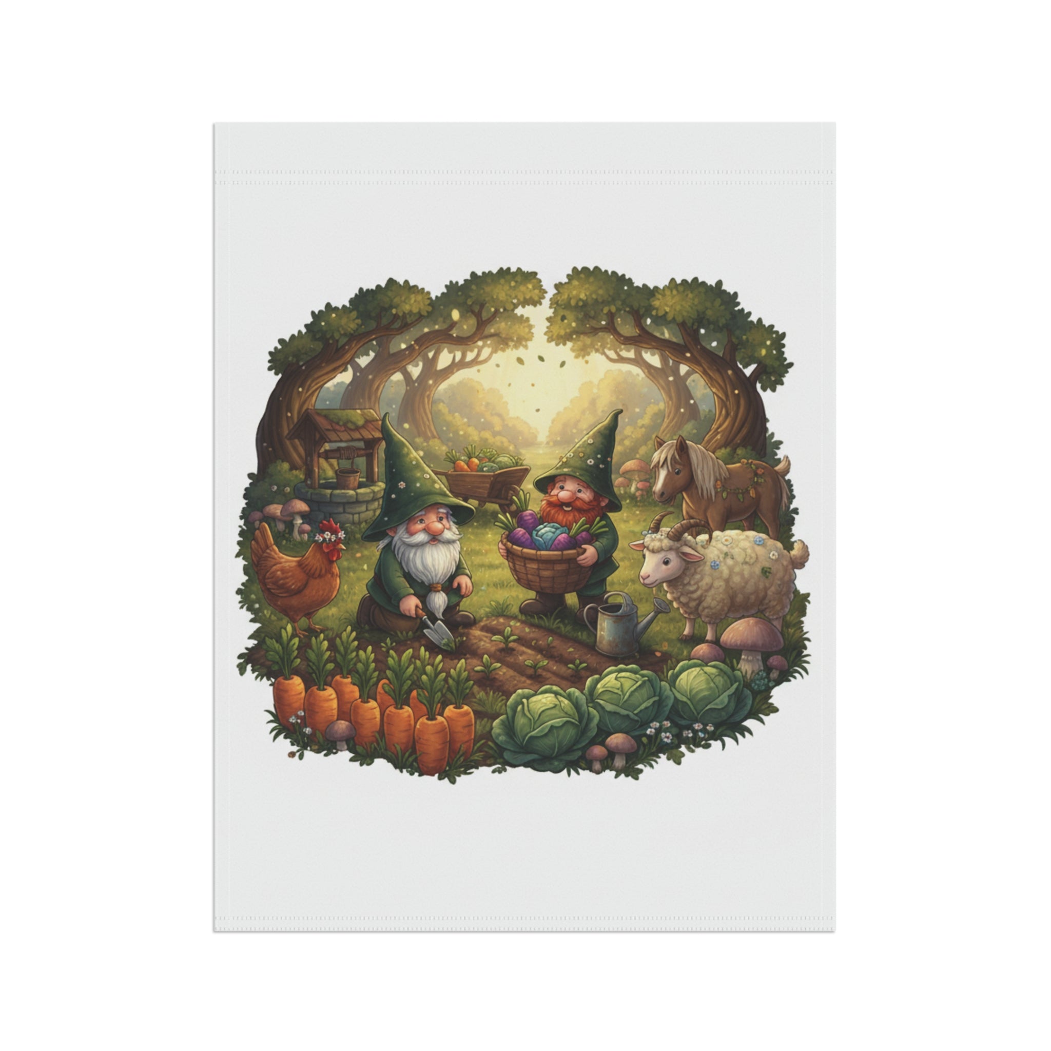 Whimsical Garden Gnomes Garden Flag — Cottage Farm Animals Yard Banner