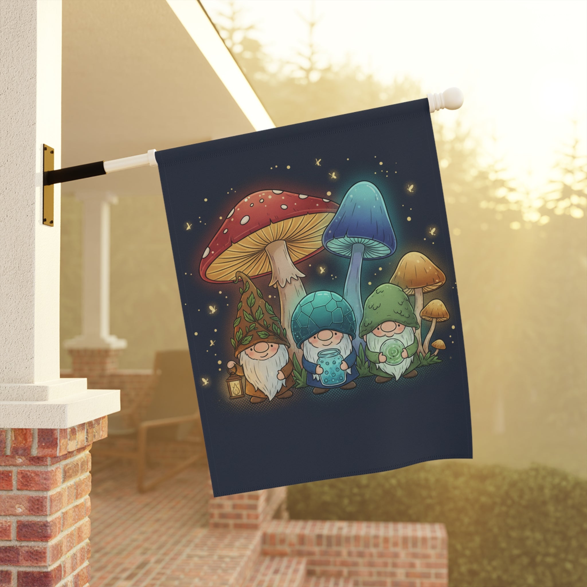 Mushroom Gnome Garden Flag — Cute Fairy Tale House & Garden Banner