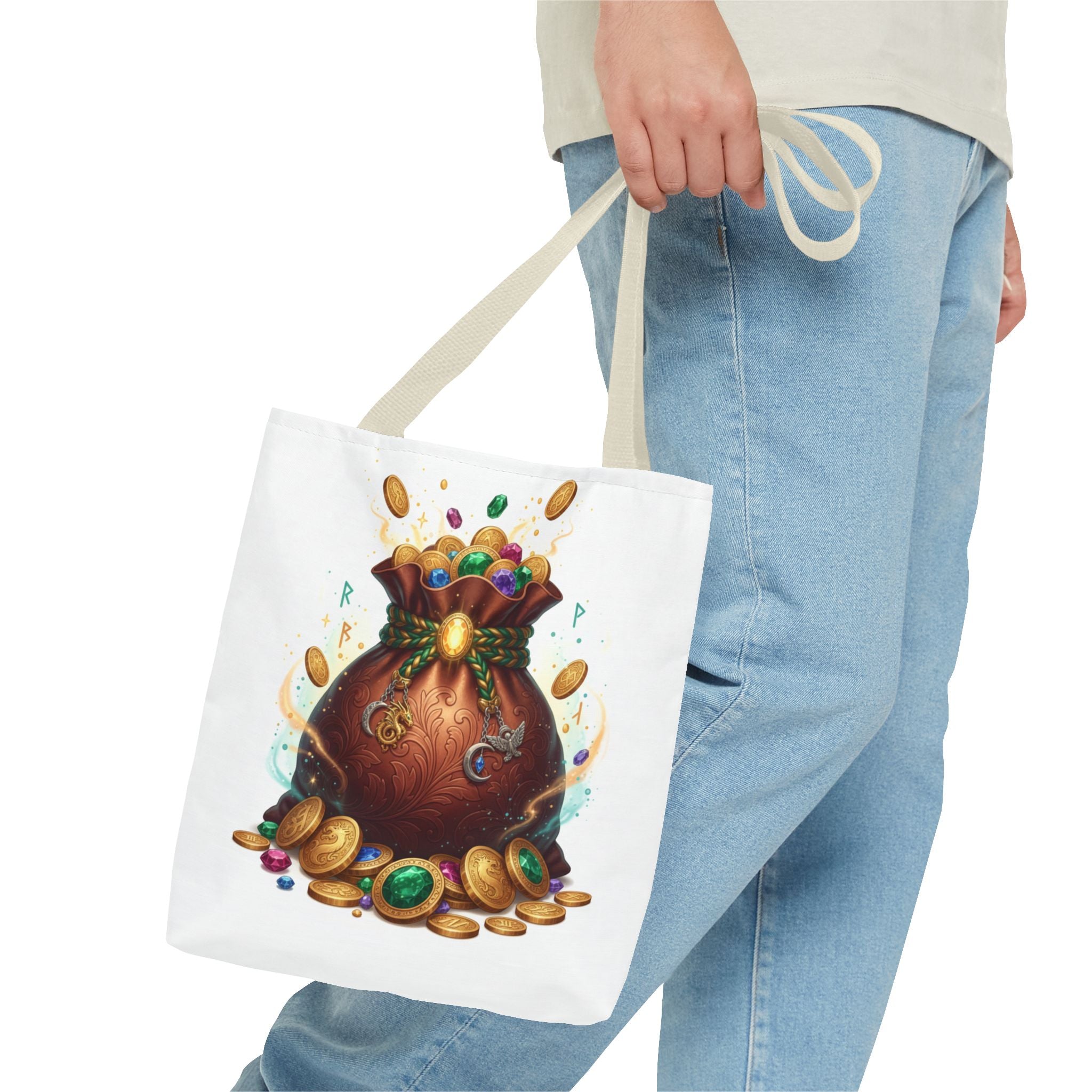 Treasure Pouch Tote Bag — Colorful Gem & Gold Coin All-Over Print Tote