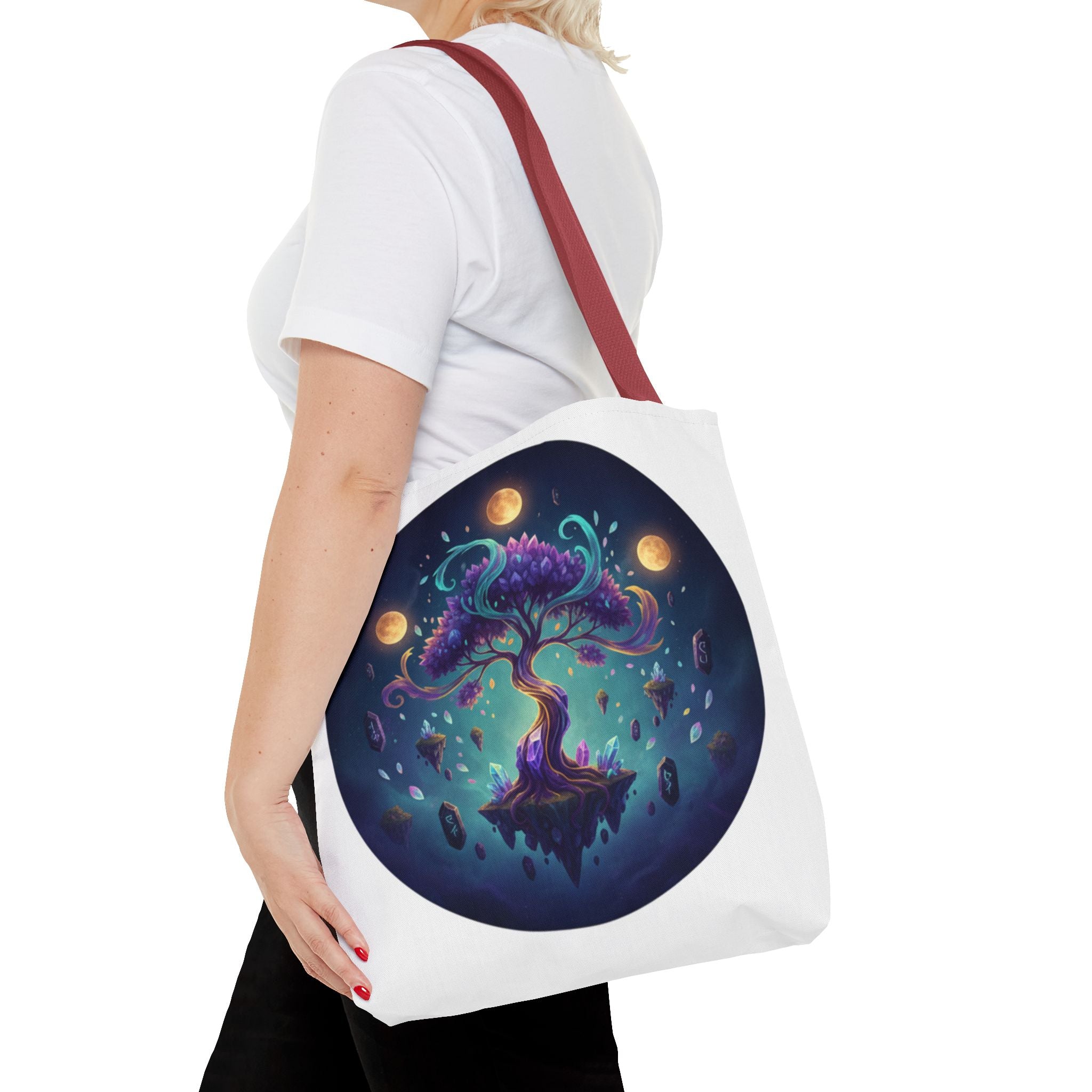 Mystic Floating Tree Tote Bag — Cosmic Moonlight Illustration All-Over Print