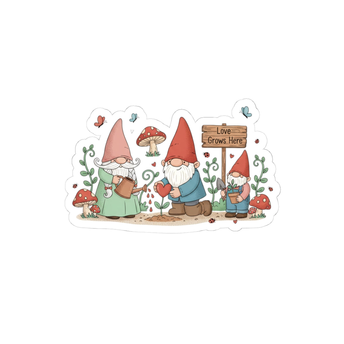 Gnome Garden Kiss-Cut Sticker — "Love Grows Here" Cute Gardening Gnomes Decal