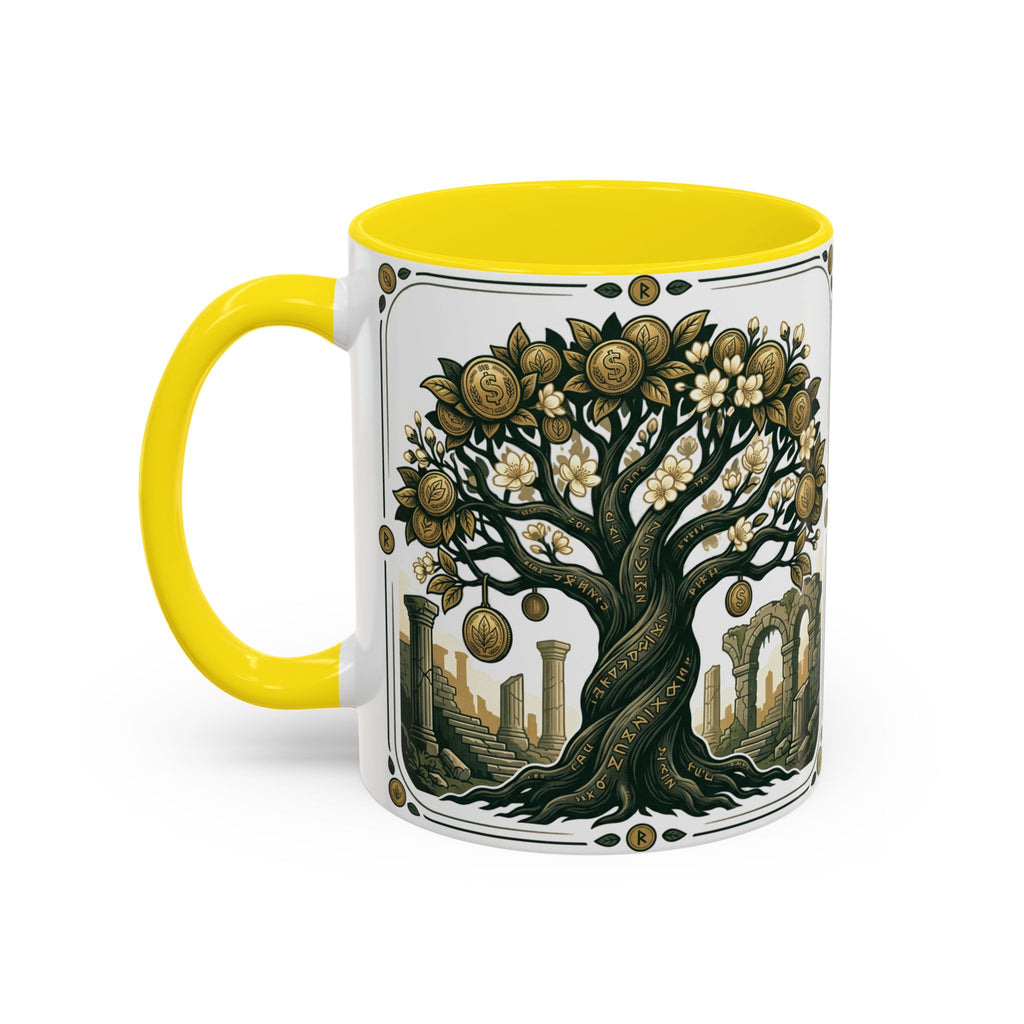 Ornate Tree of Coins Coffee Mug — Gold Ruins Accent Ceramic Mug (11/15oz)