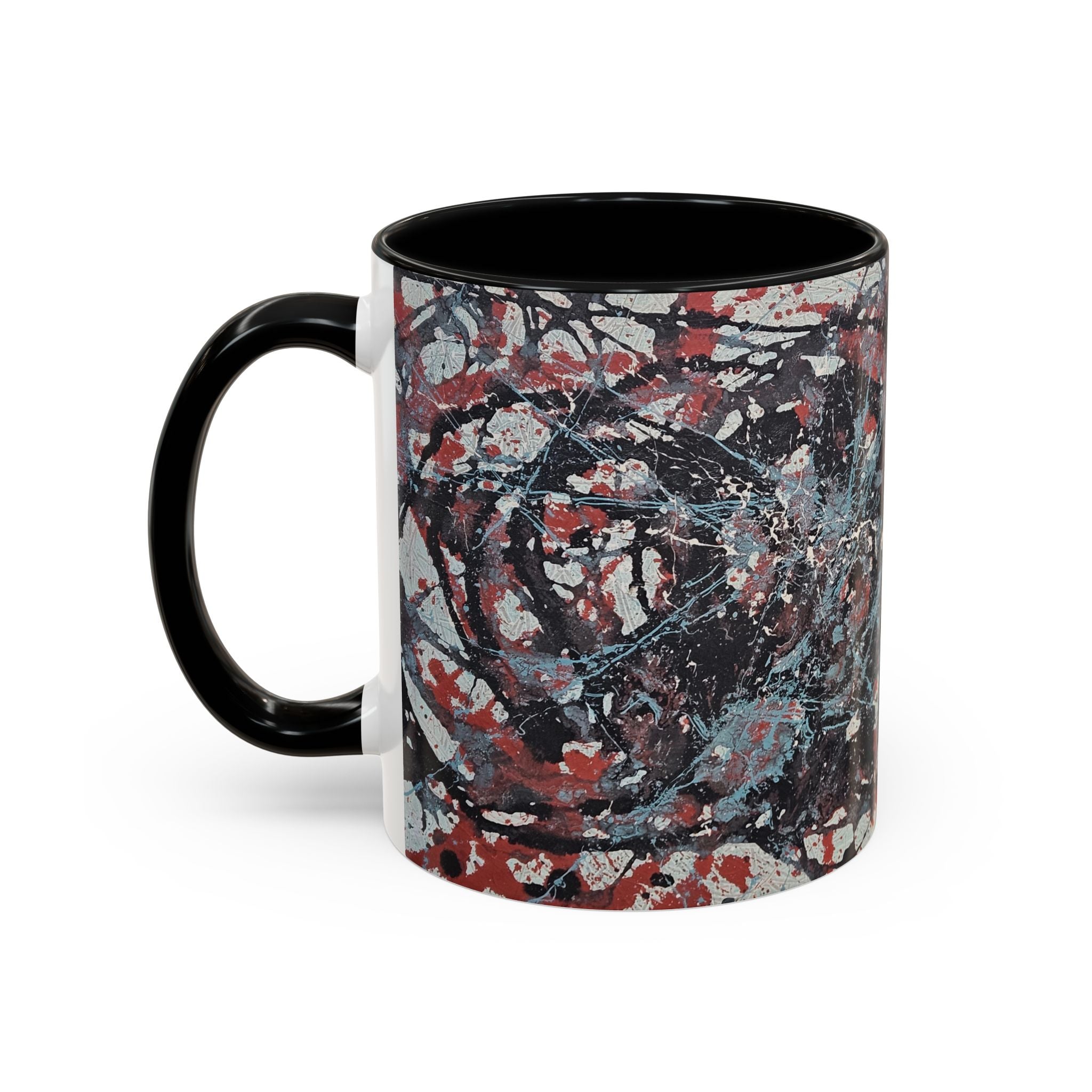 Abstract Splatter Accent Coffee Mug — Red, Black & White Artistic Design (11/15oz)