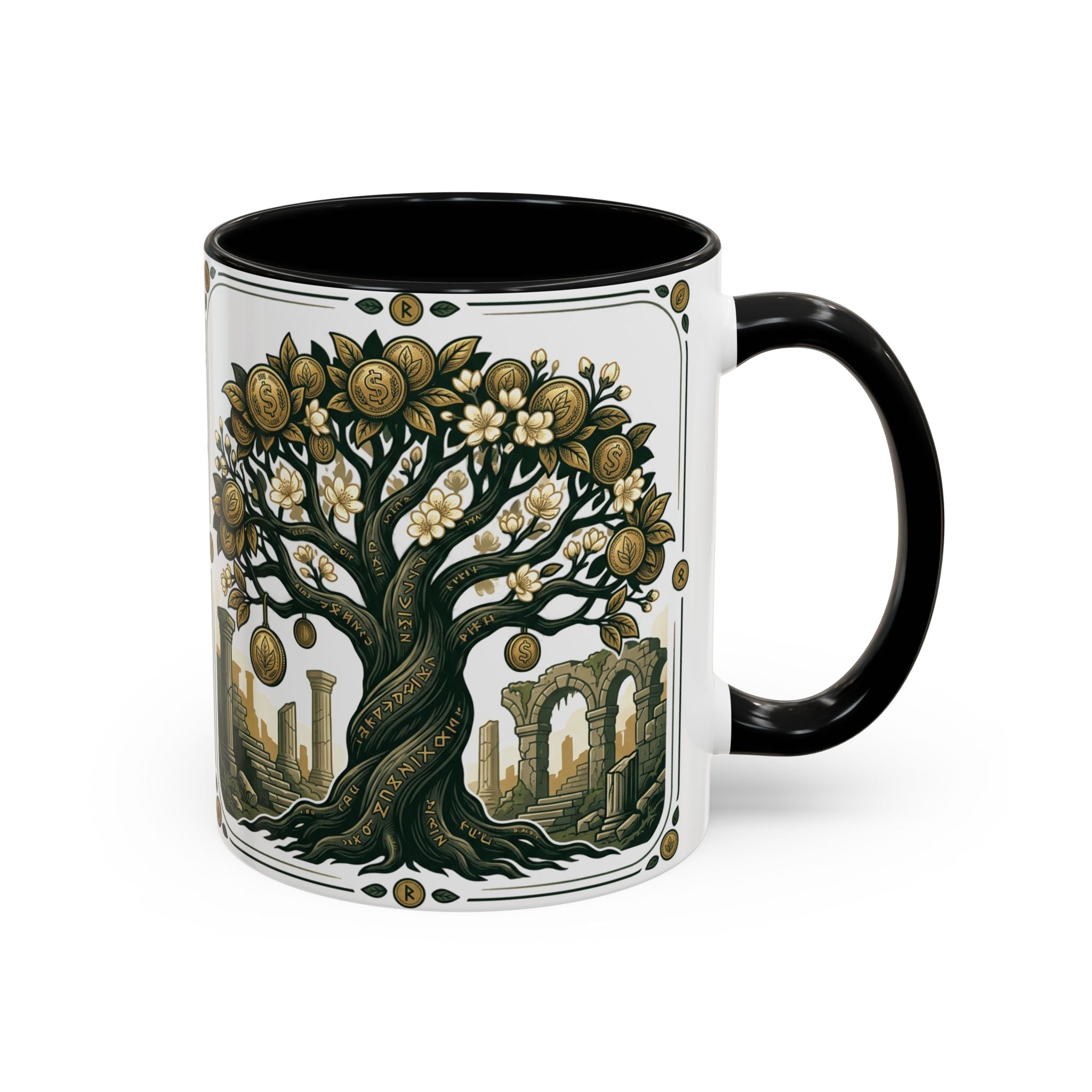 Ornate Tree of Coins Coffee Mug — Gold Ruins Accent Ceramic Mug (11/15oz)