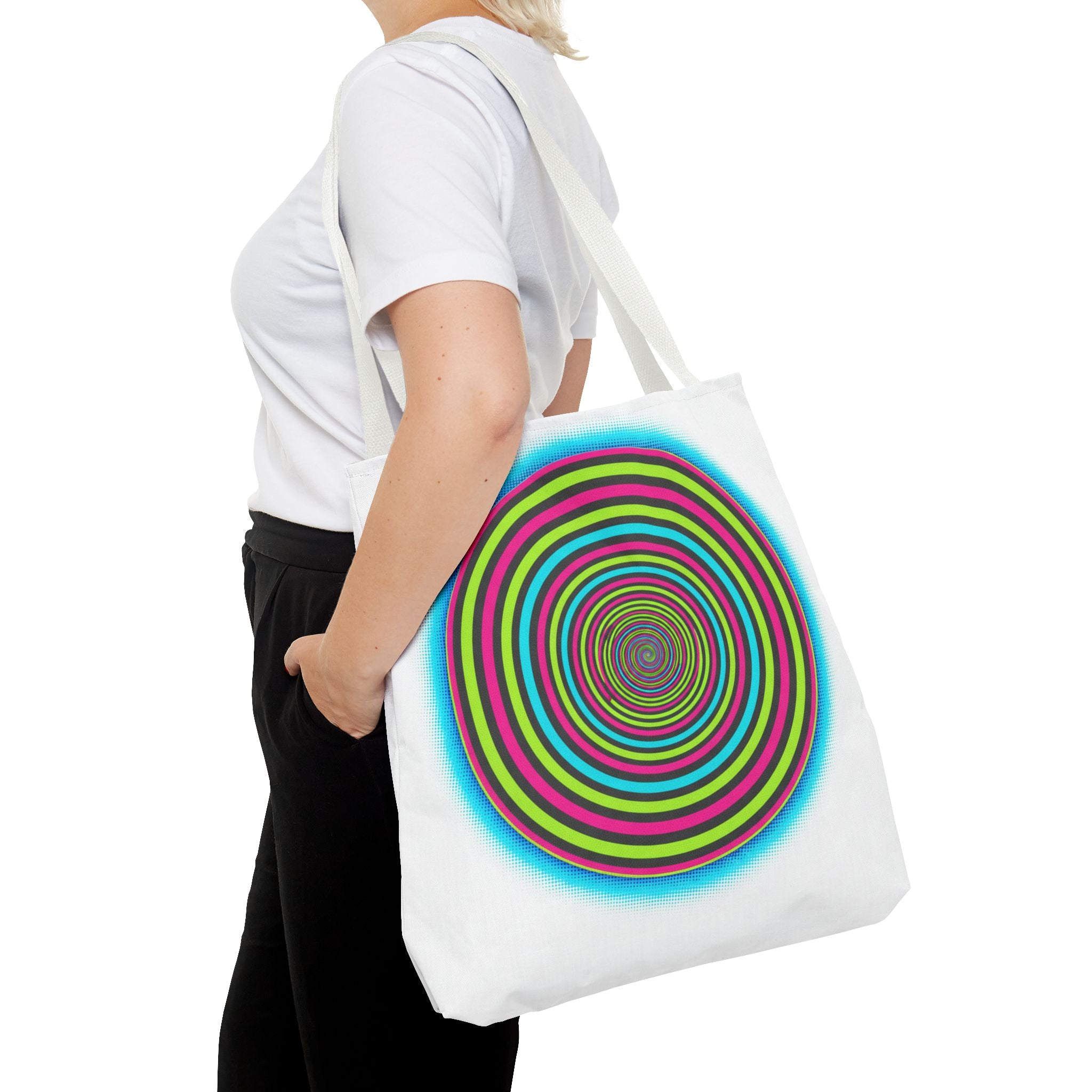 Psychedelic Spiral Tote Bag — Colorful Vortex All-Over Print Tote